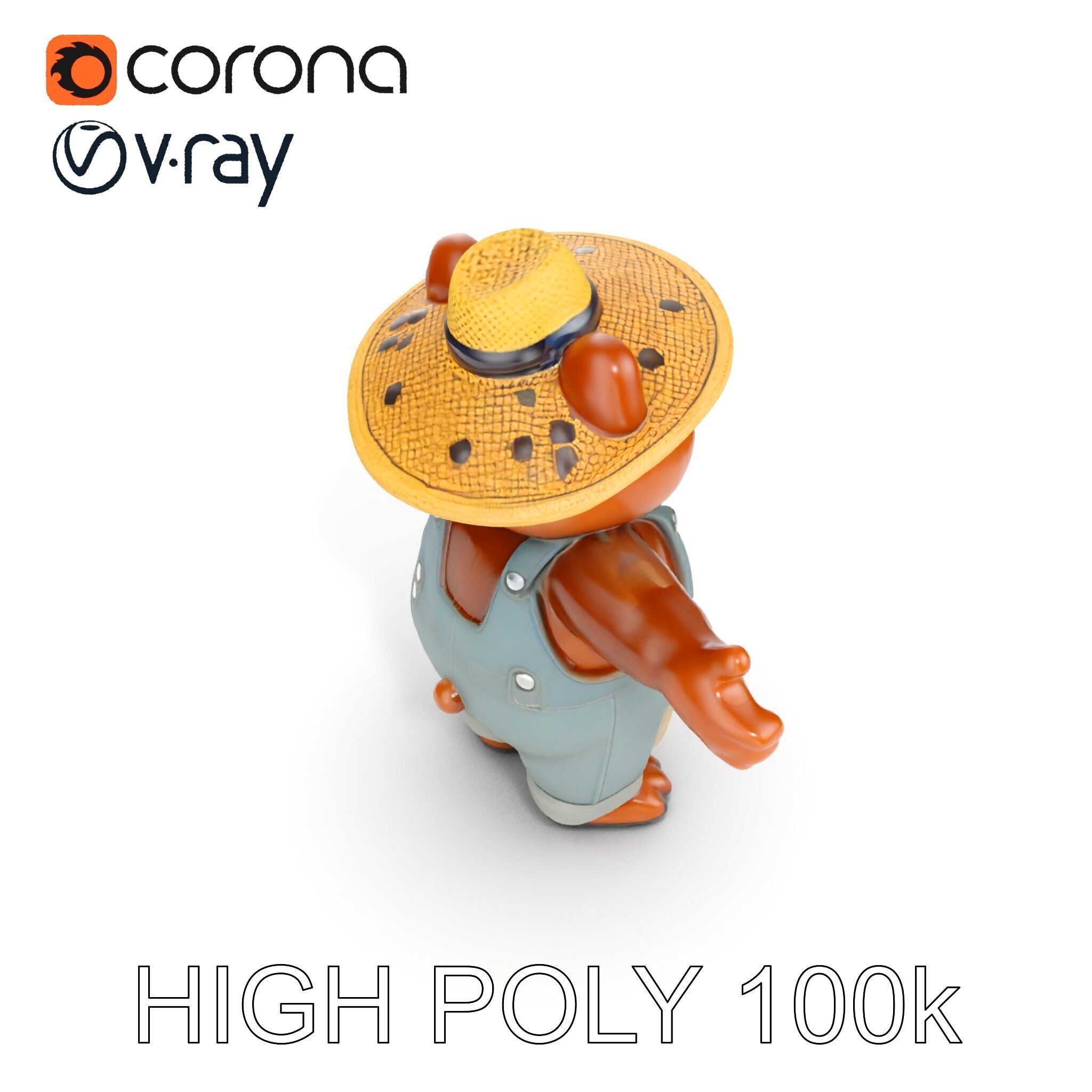 Animated Rigged Bear Character with Overalls and Straw Hat Low-poly 3D model_18