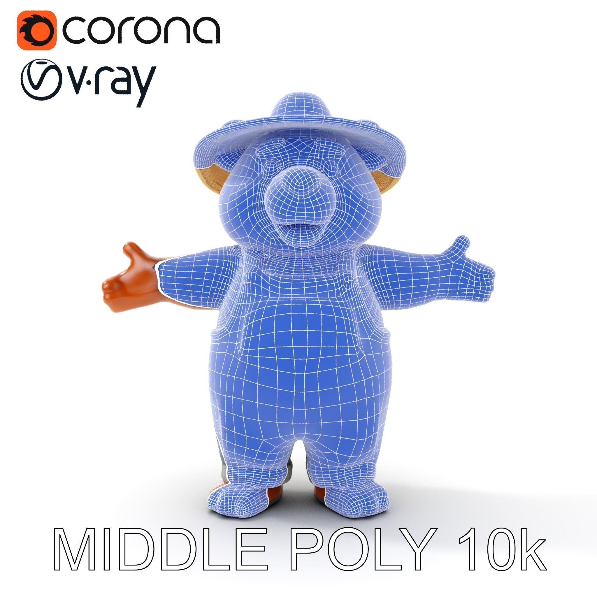 Animated Rigged Bear Character with Overalls and Straw Hat Low-poly 3D model_33