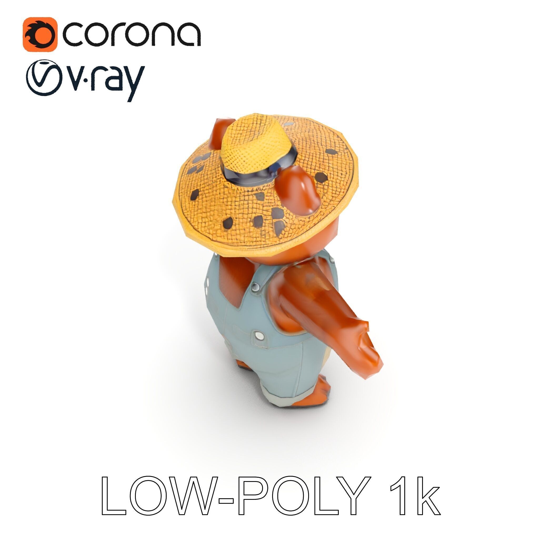 Animated Rigged Bear Character with Overalls and Straw Hat Low-poly 3D model_14