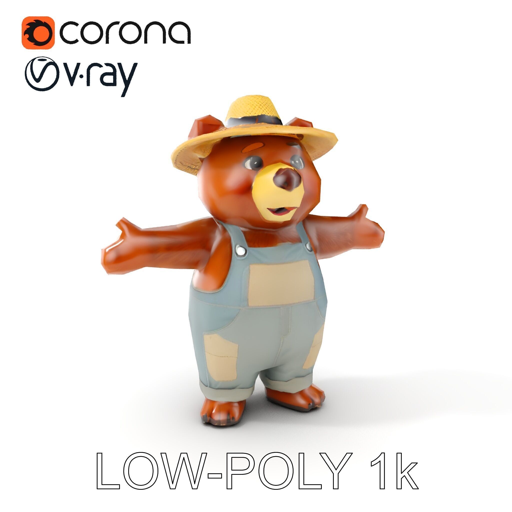 Animated Rigged Bear Character with Overalls and Straw Hat Low-poly 3D model_17
