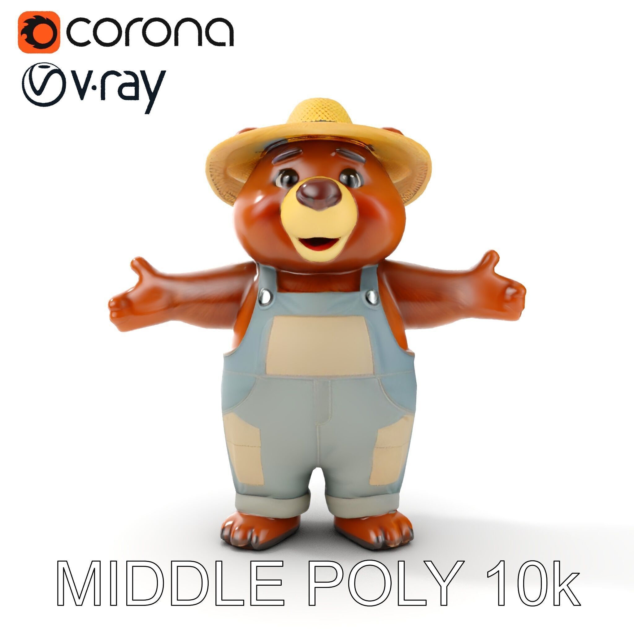 Animated Rigged Bear Character with Overalls and Straw Hat Low-poly 3D model_24