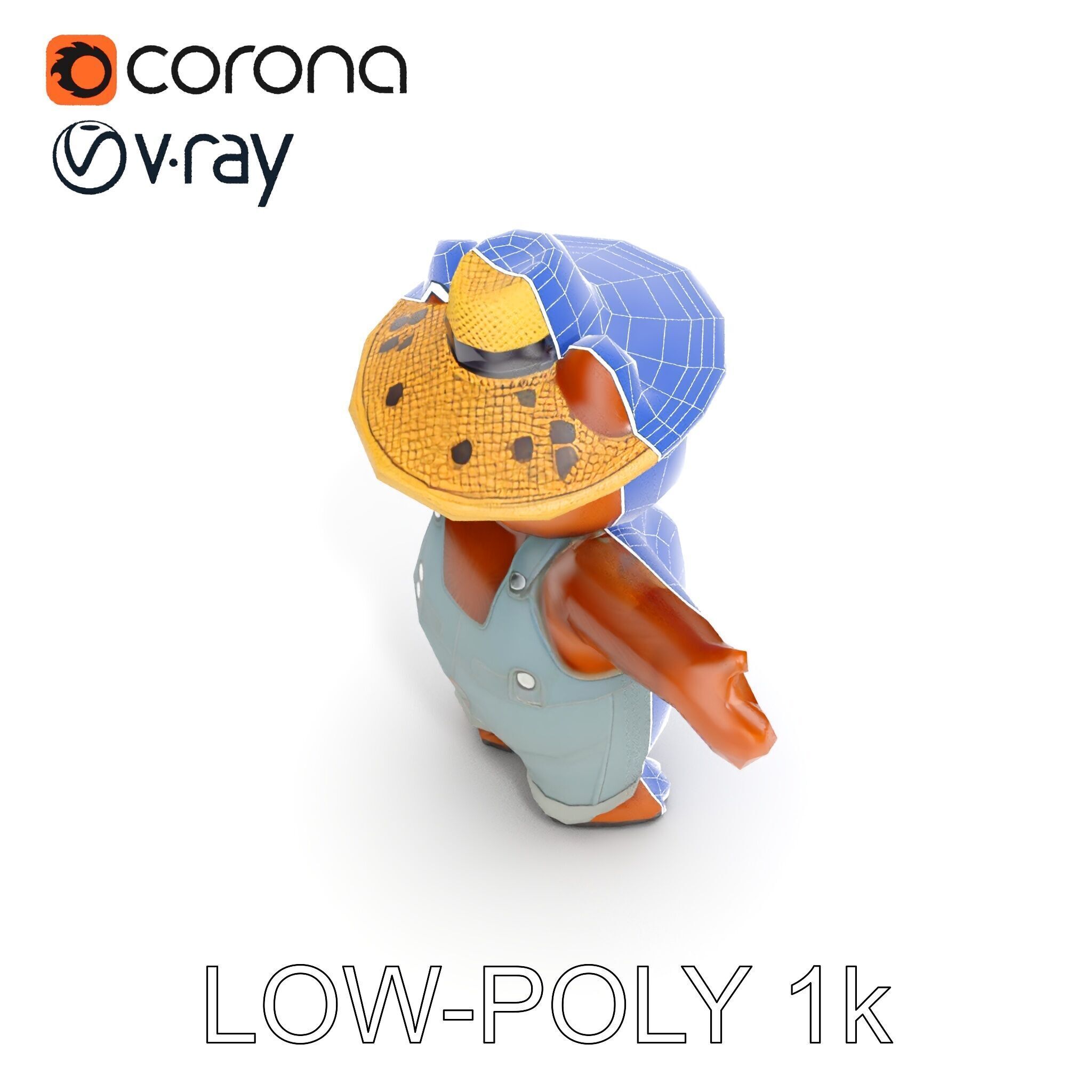 Animated Rigged Bear Character with Overalls and Straw Hat Low-poly 3D model_9