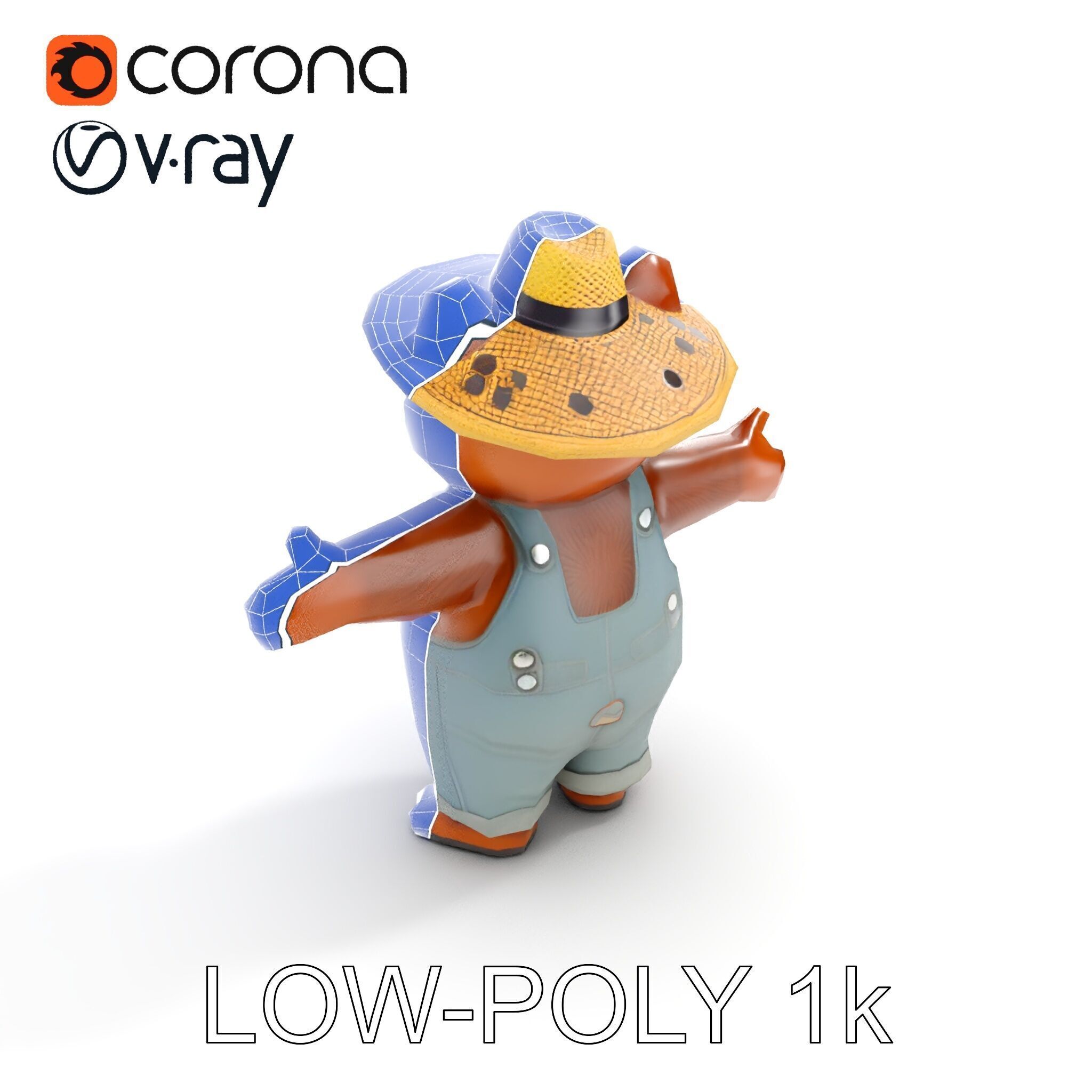 Animated Rigged Bear Character with Overalls and Straw Hat Low-poly 3D model_25