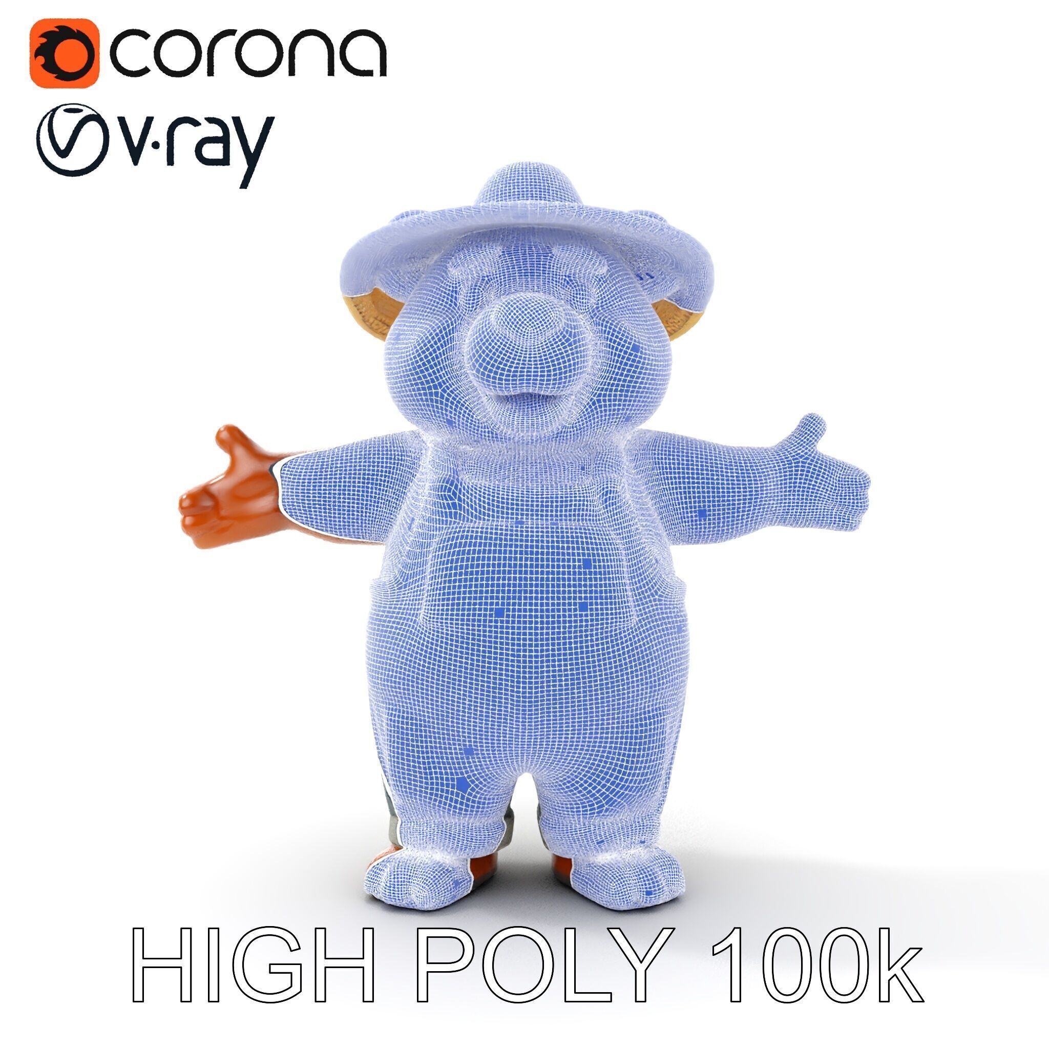 Animated Rigged Bear Character with Overalls and Straw Hat Low-poly 3D model_35