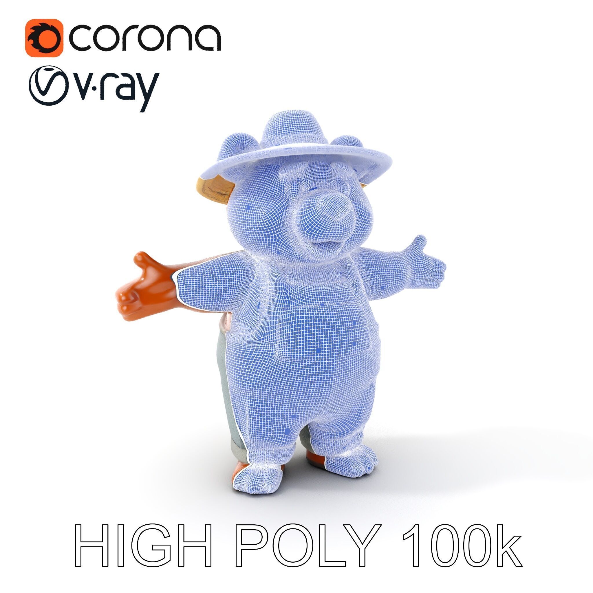 Animated Rigged Bear Character with Overalls and Straw Hat Low-poly 3D model_4