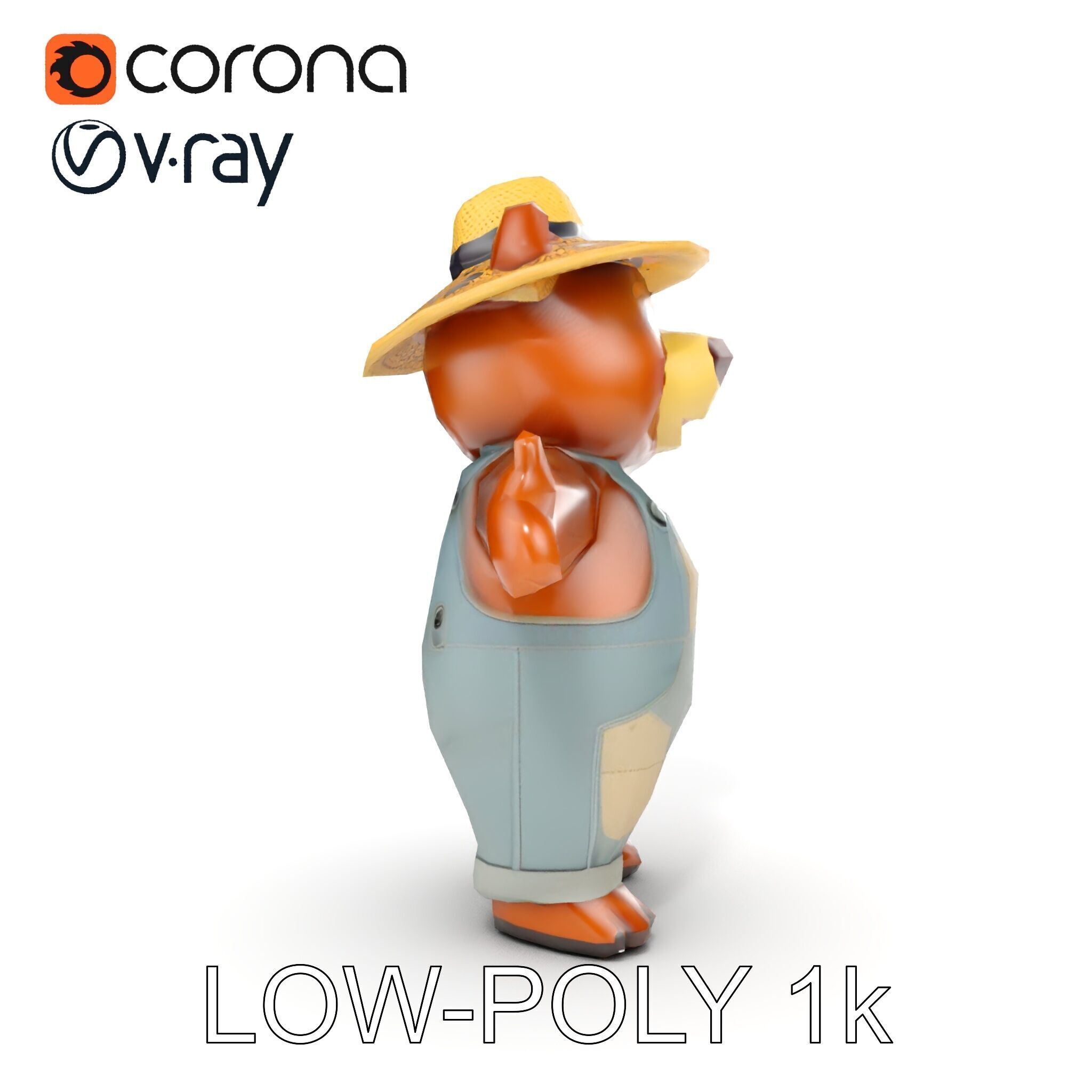 Animated Rigged Bear Character with Overalls and Straw Hat Low-poly 3D model_31