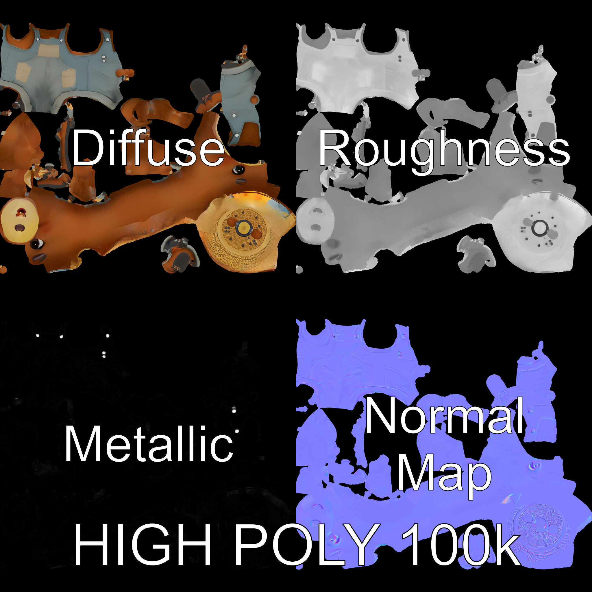 Animated Rigged Bear Character with Overalls and Straw Hat Low-poly 3D model_3