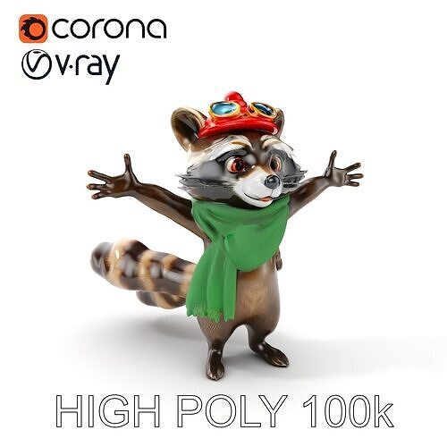 Adventurous Raccoon with Scarf Rigged and Animated Character ... Low-poly 3D model