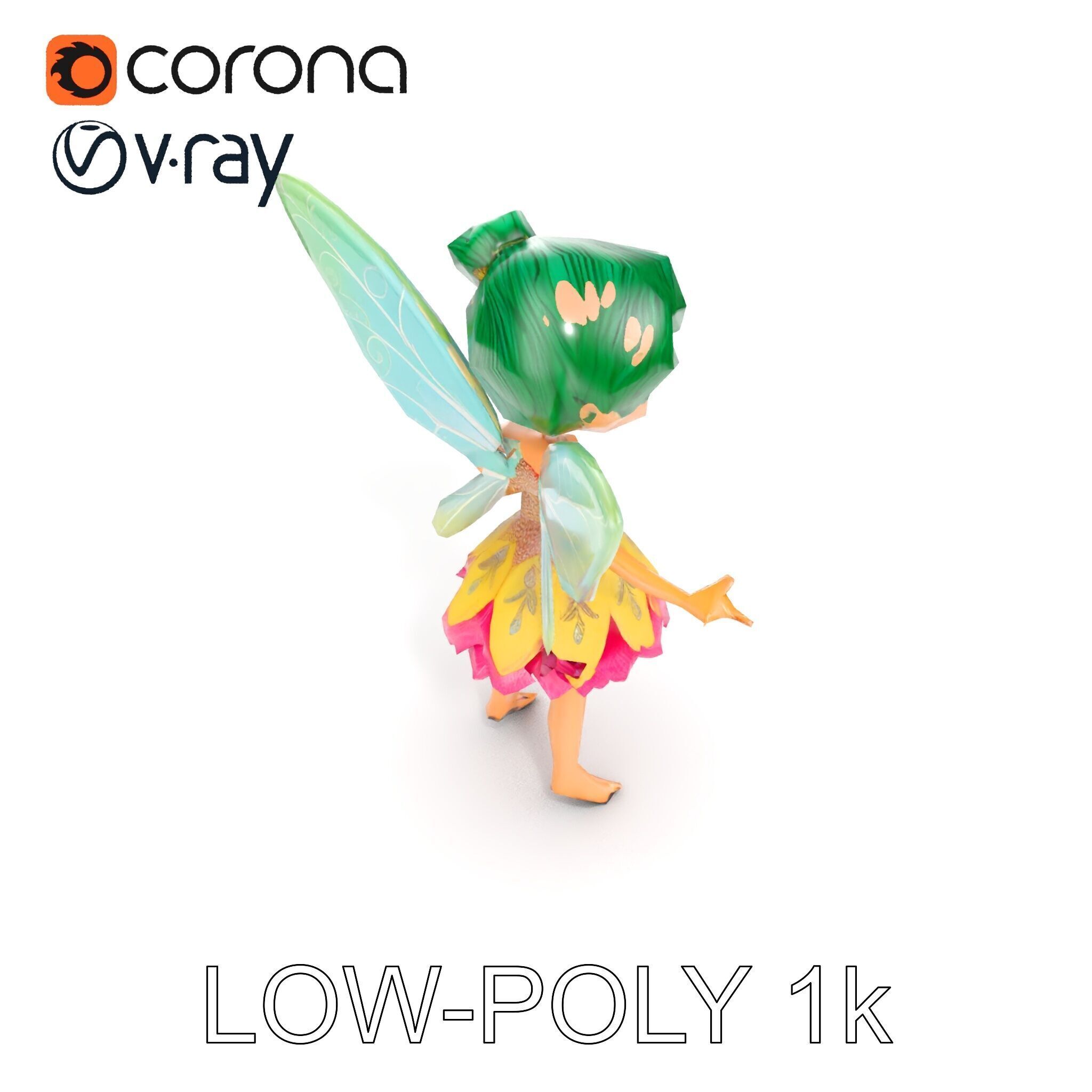 Fairy Character Rigged and Animated with Green Hair and Wings... Low-poly 3D model_15