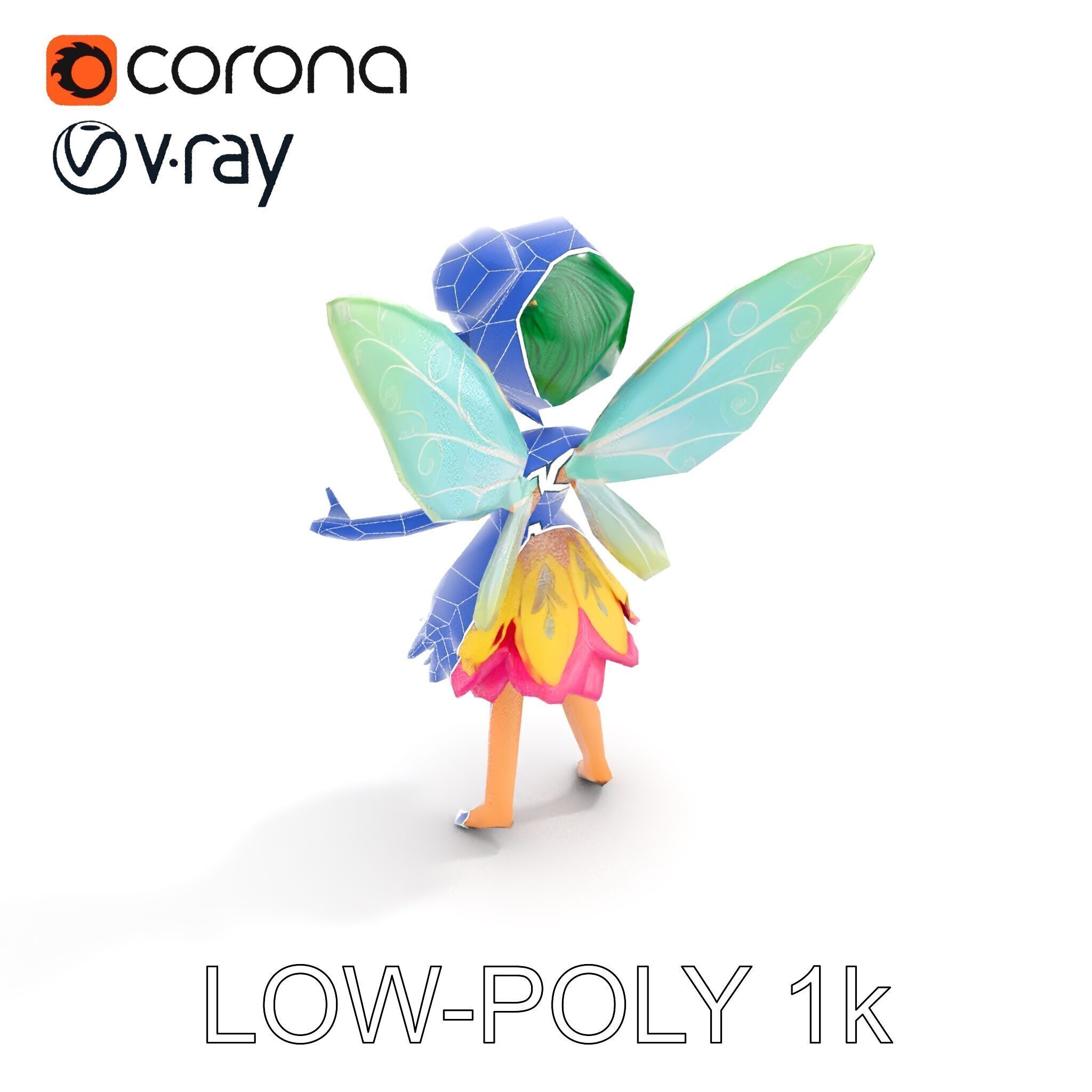 Fairy Character Rigged and Animated with Green Hair and Wings... Low-poly 3D model_31