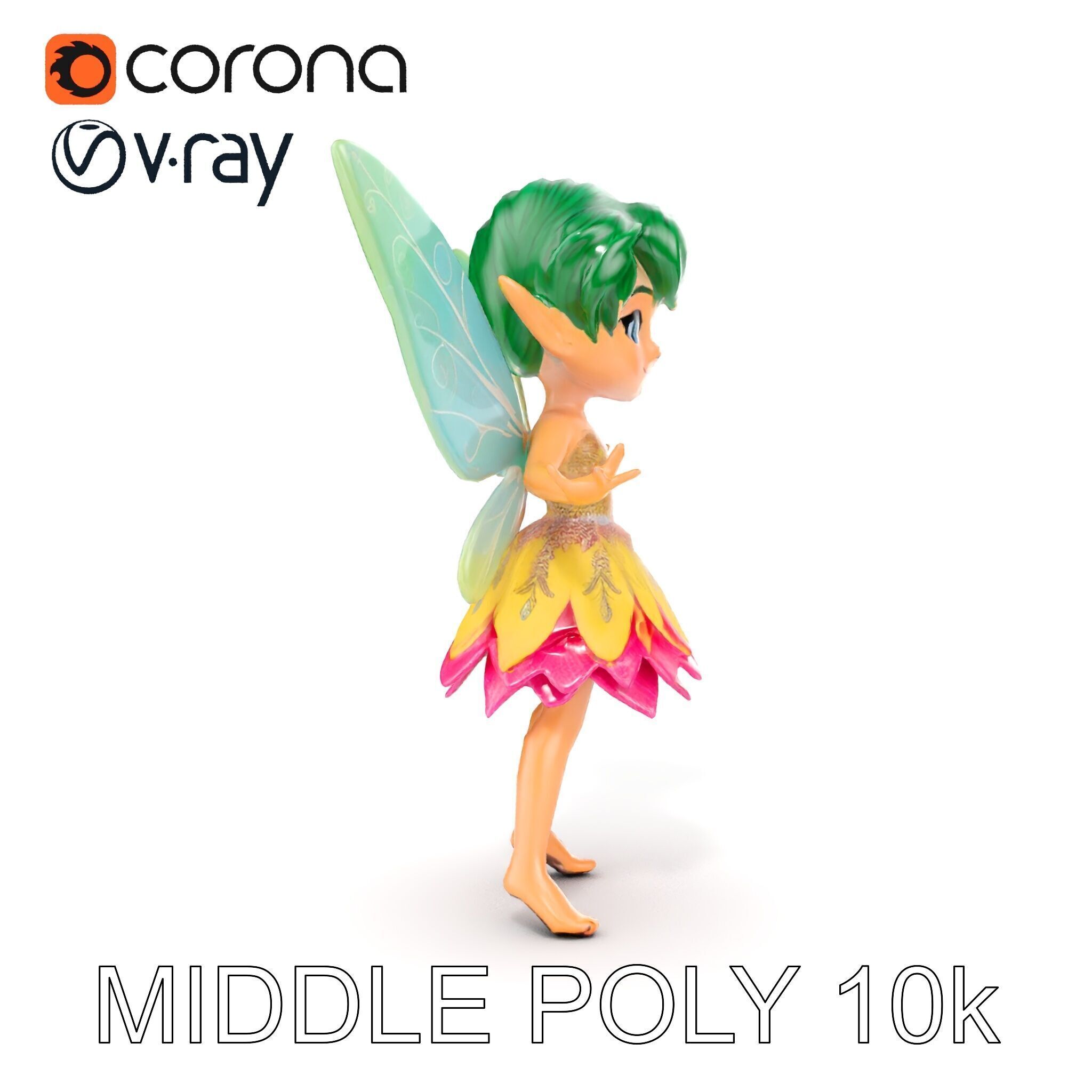 Fairy Character Rigged and Animated with Green Hair and Wings... Low-poly 3D model_30