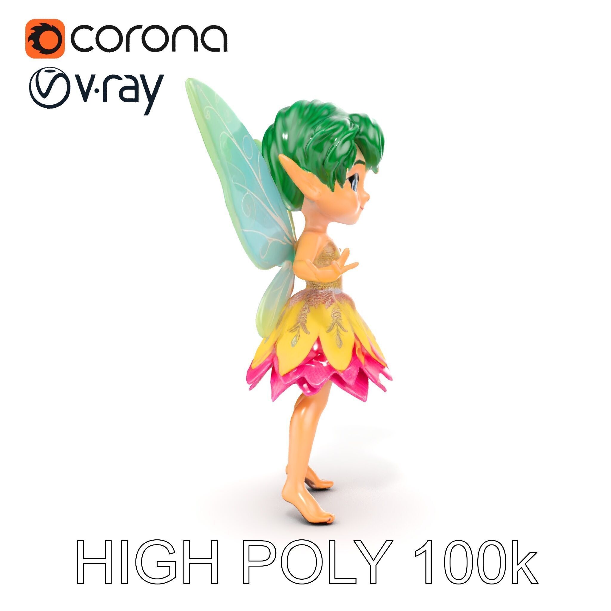 Fairy Character Rigged and Animated with Green Hair and Wings... Low-poly 3D model_35