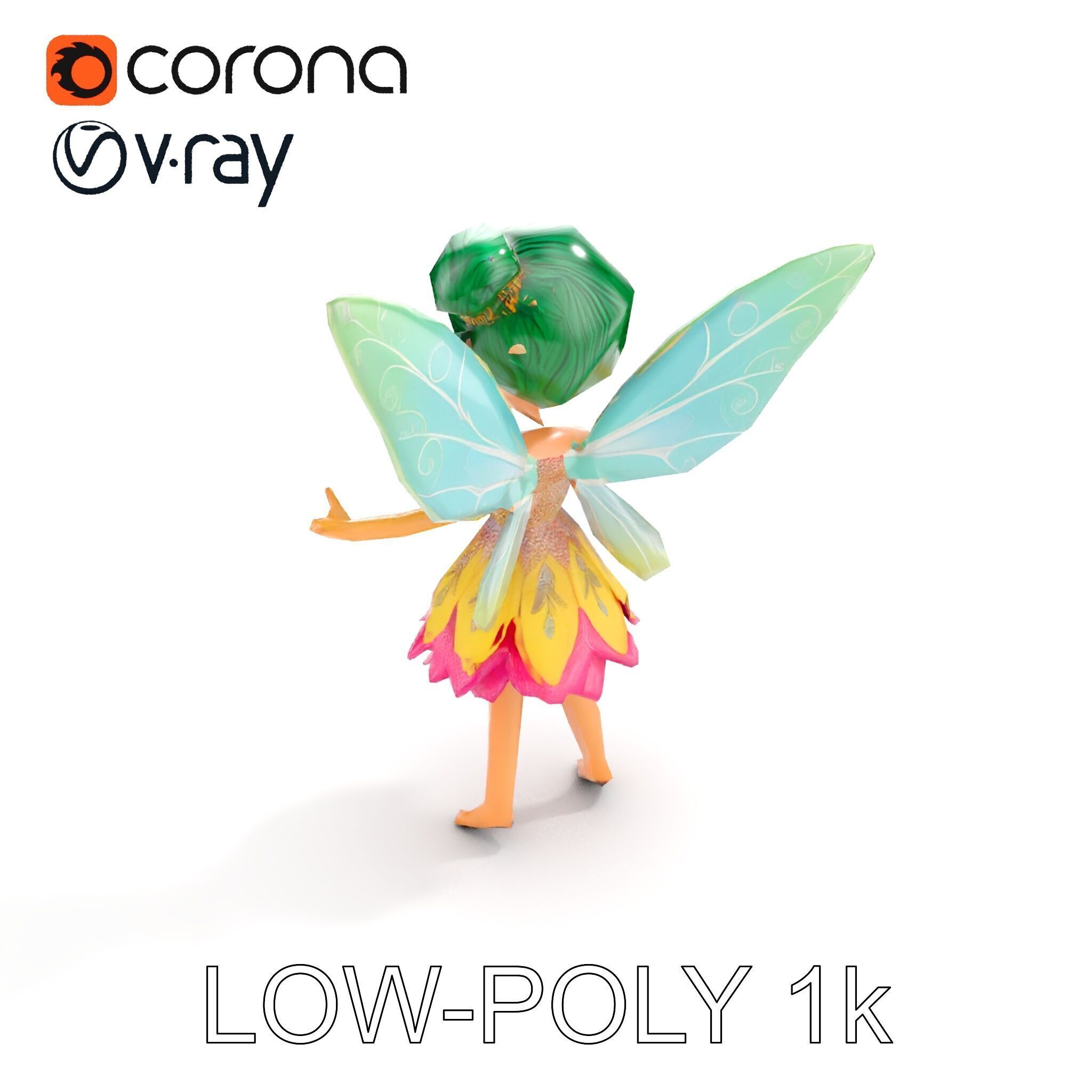 Fairy Character Rigged and Animated with Green Hair and Wings... Low-poly 3D model_12