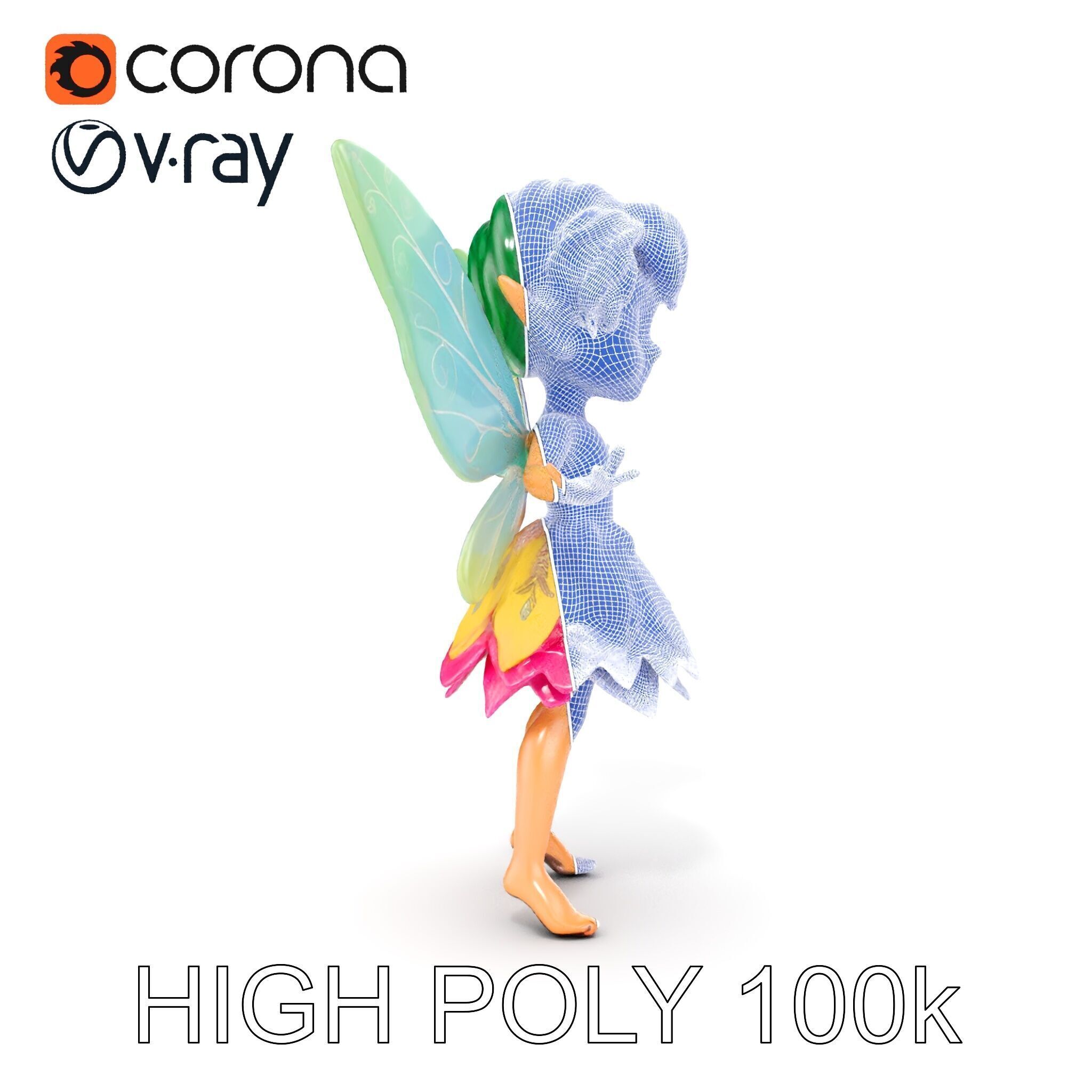 Fairy Character Rigged and Animated with Green Hair and Wings... Low-poly 3D model_32