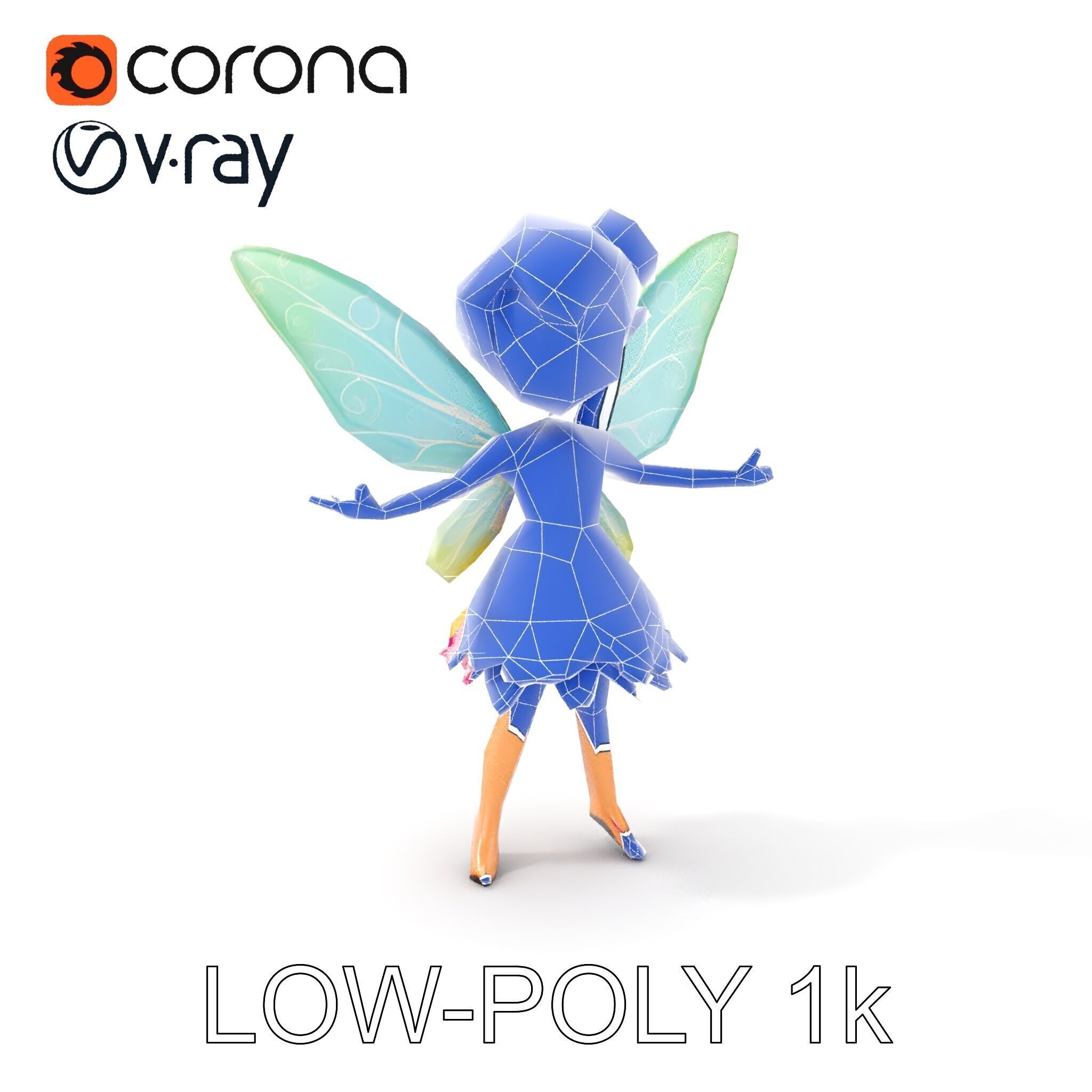 Fairy Character Rigged and Animated with Green Hair and Wings... Low-poly 3D model_17