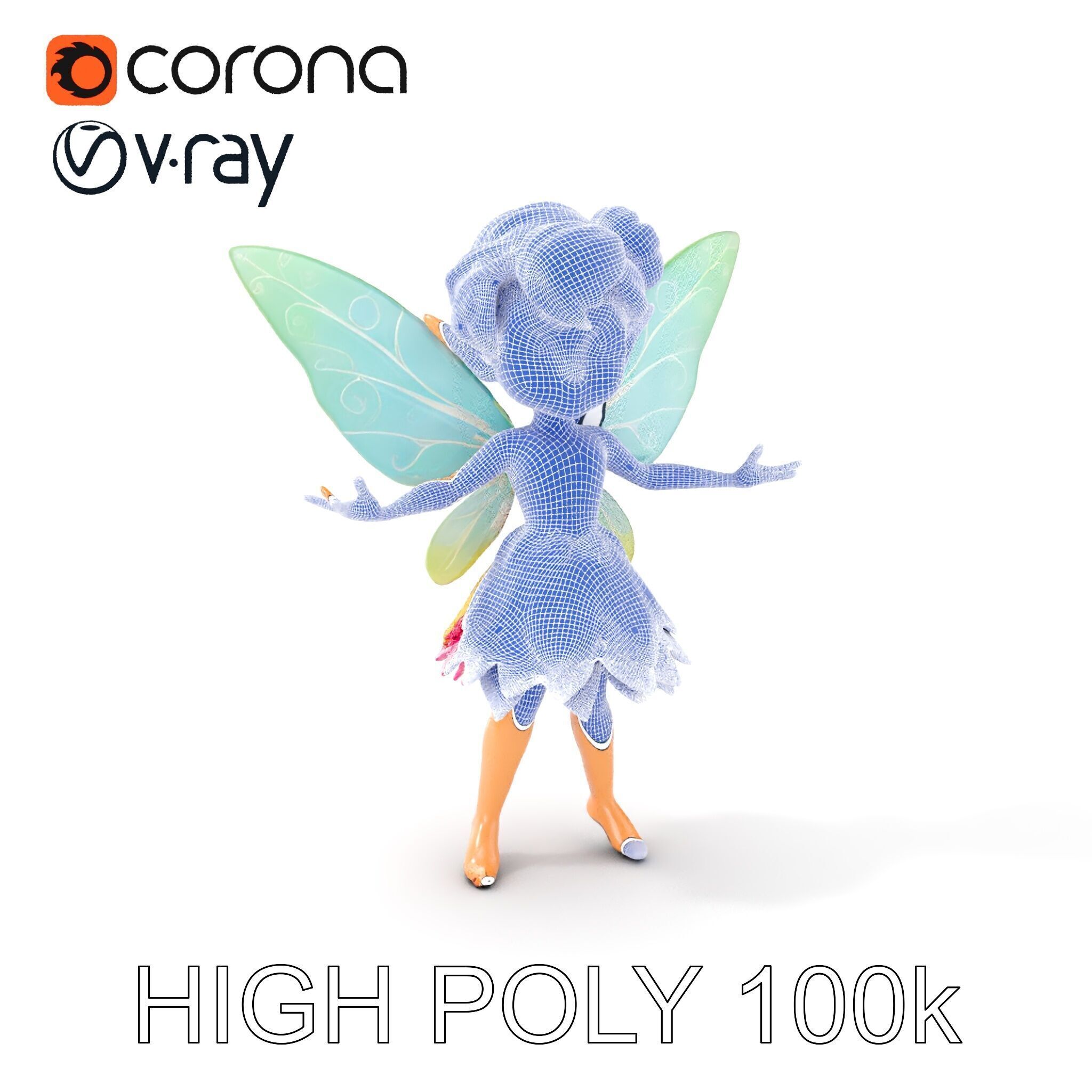Fairy Character Rigged and Animated with Green Hair and Wings... Low-poly 3D model_4