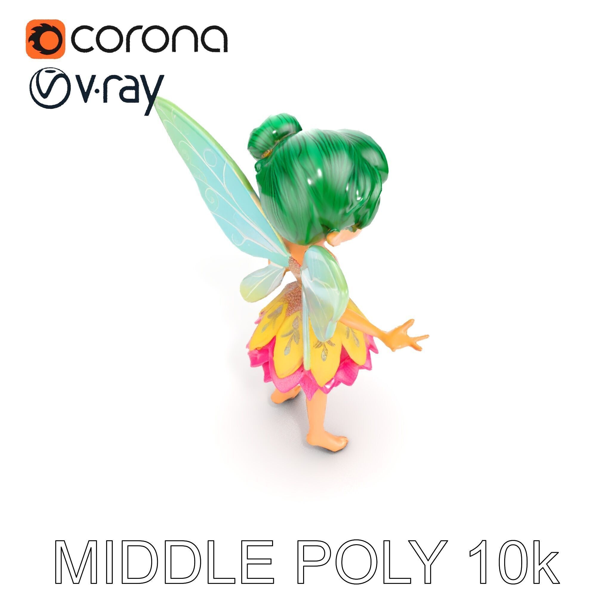 Fairy Character Rigged and Animated with Green Hair and Wings... Low-poly 3D model_24
