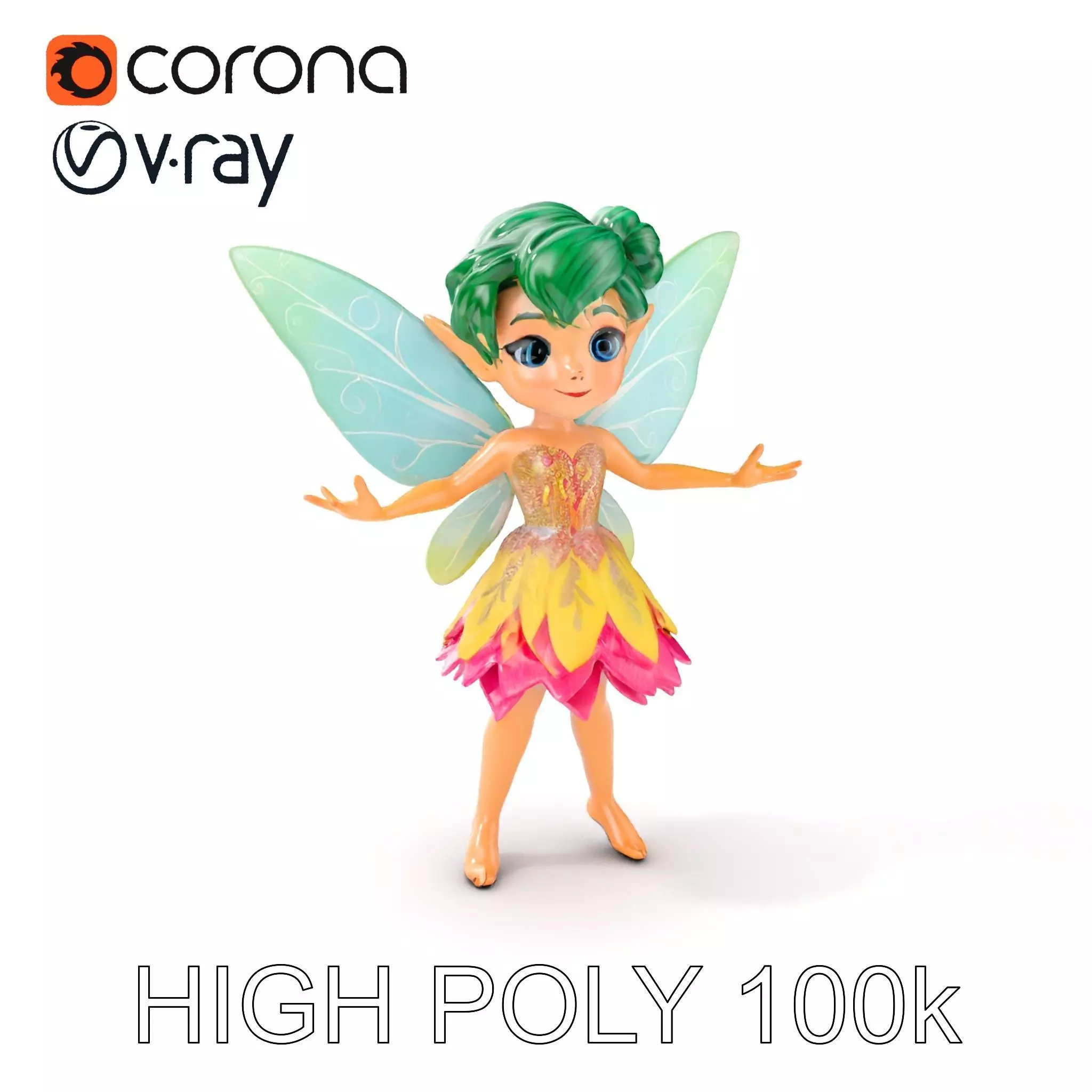 Fairy Character Rigged and Animated with Green Hair and Wings... Low-poly 3D model_0