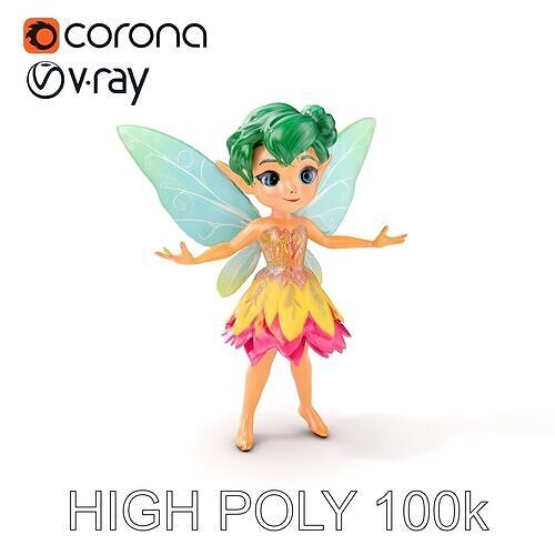 Fairy Character Rigged and Animated with Green Hair and Wings... Low-poly 3D model
