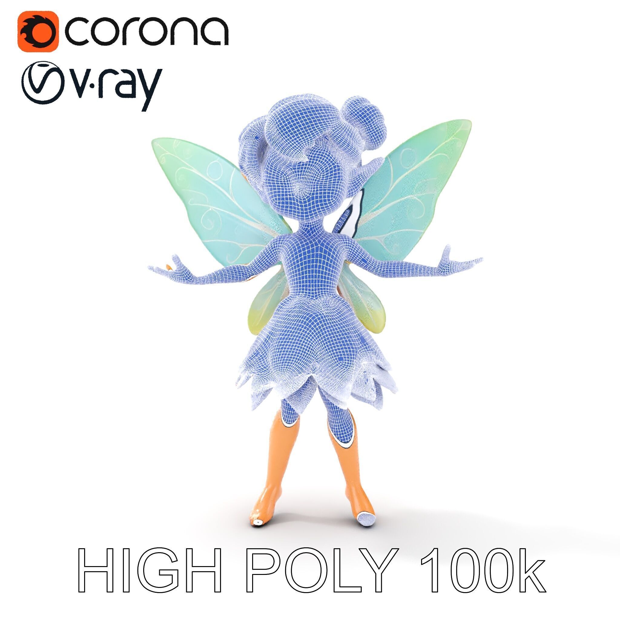 Fairy Character Rigged and Animated with Green Hair and Wings... Low-poly 3D model_23