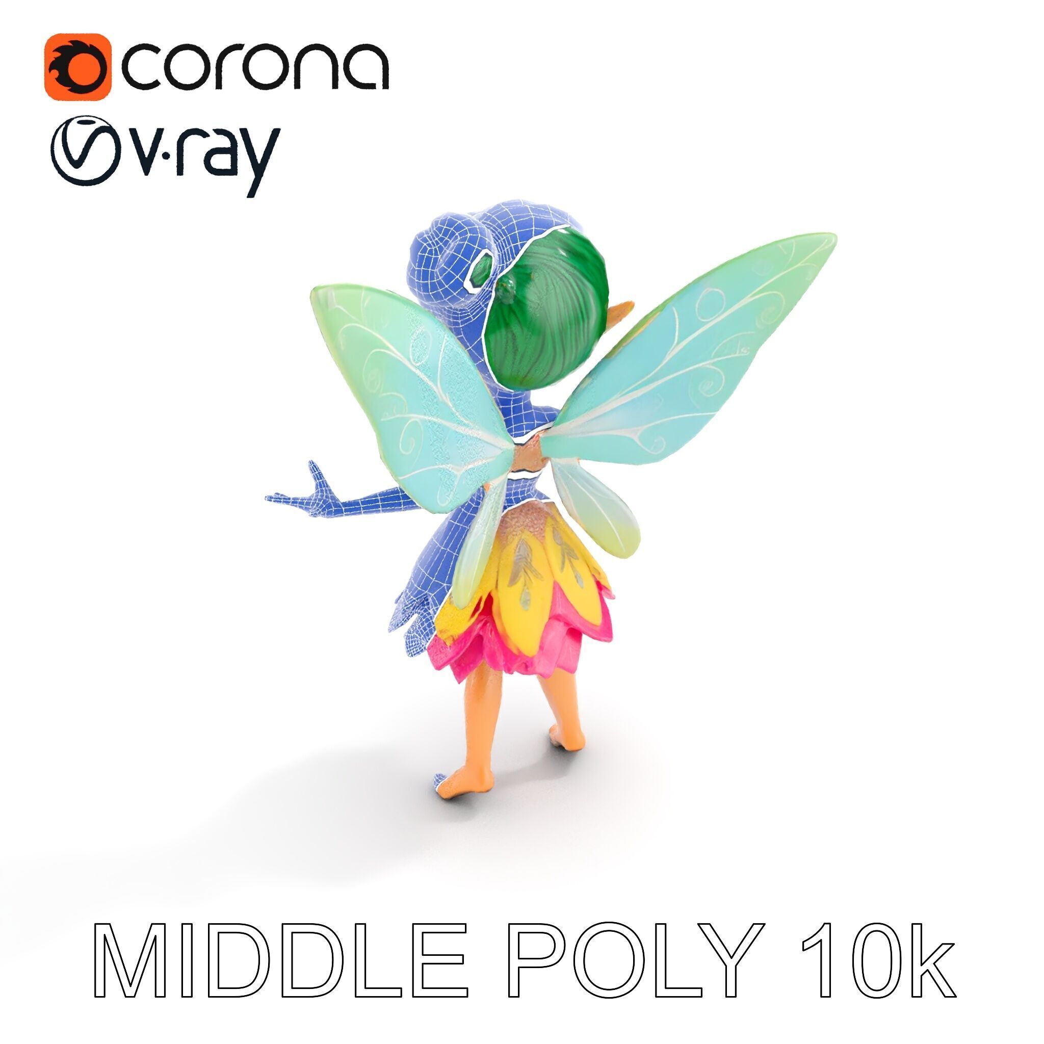 Fairy Character Rigged and Animated with Green Hair and Wings... Low-poly 3D model_18