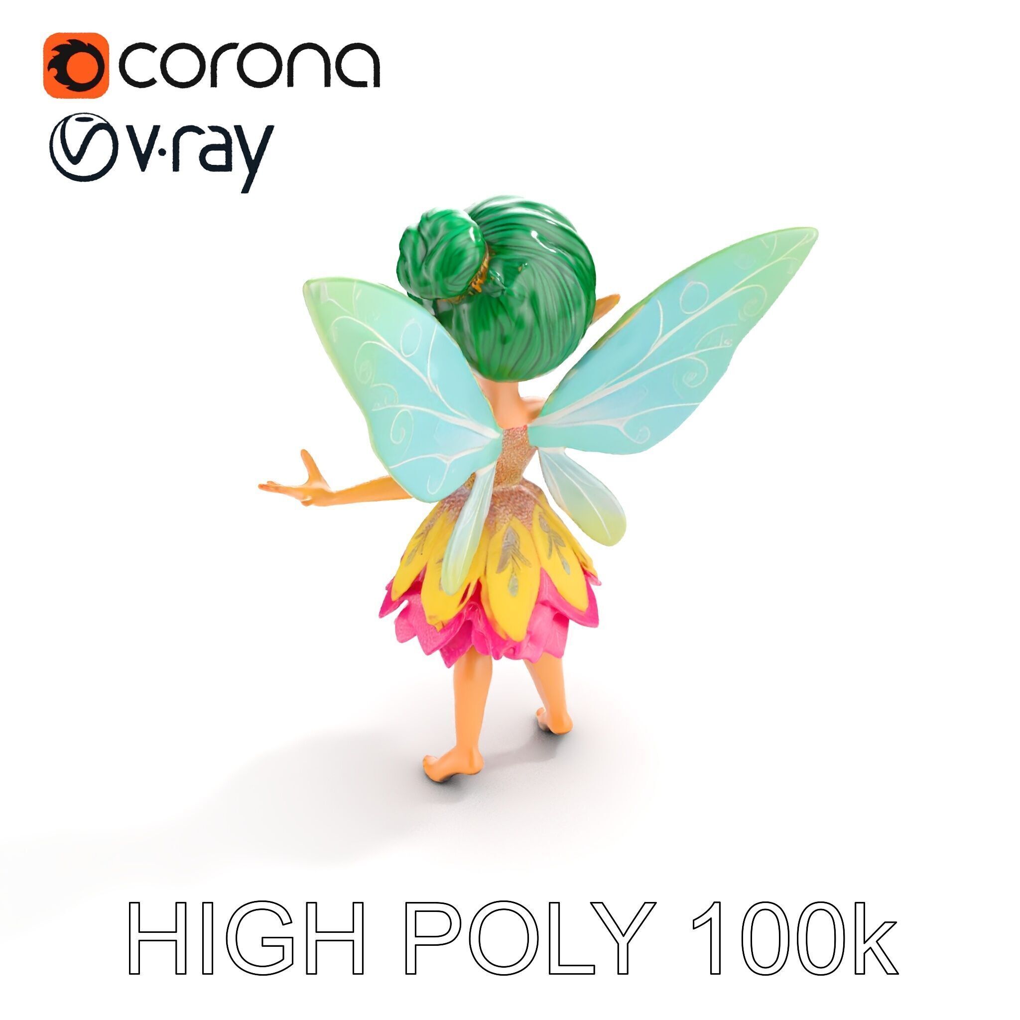Fairy Character Rigged and Animated with Green Hair and Wings... Low-poly 3D model_10