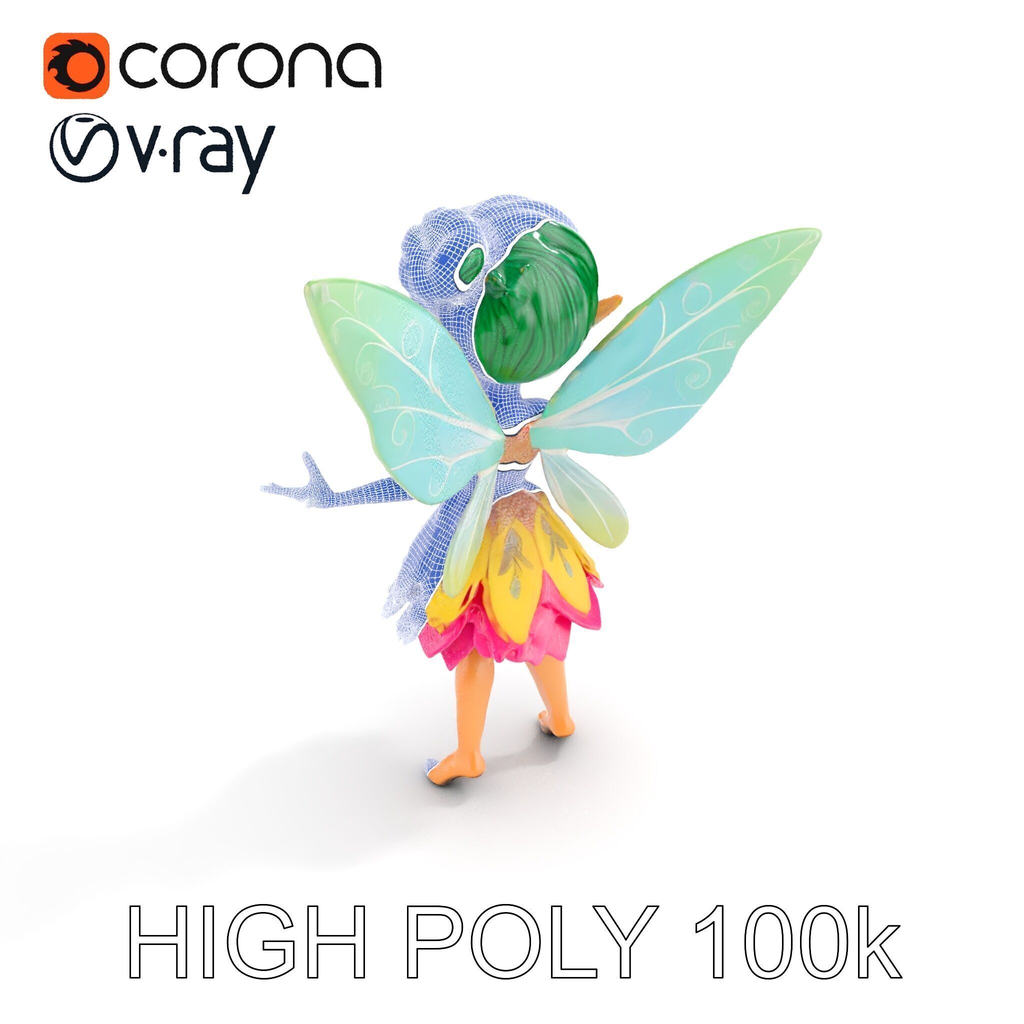 Fairy Character Rigged and Animated with Green Hair and Wings... Low-poly 3D model_29