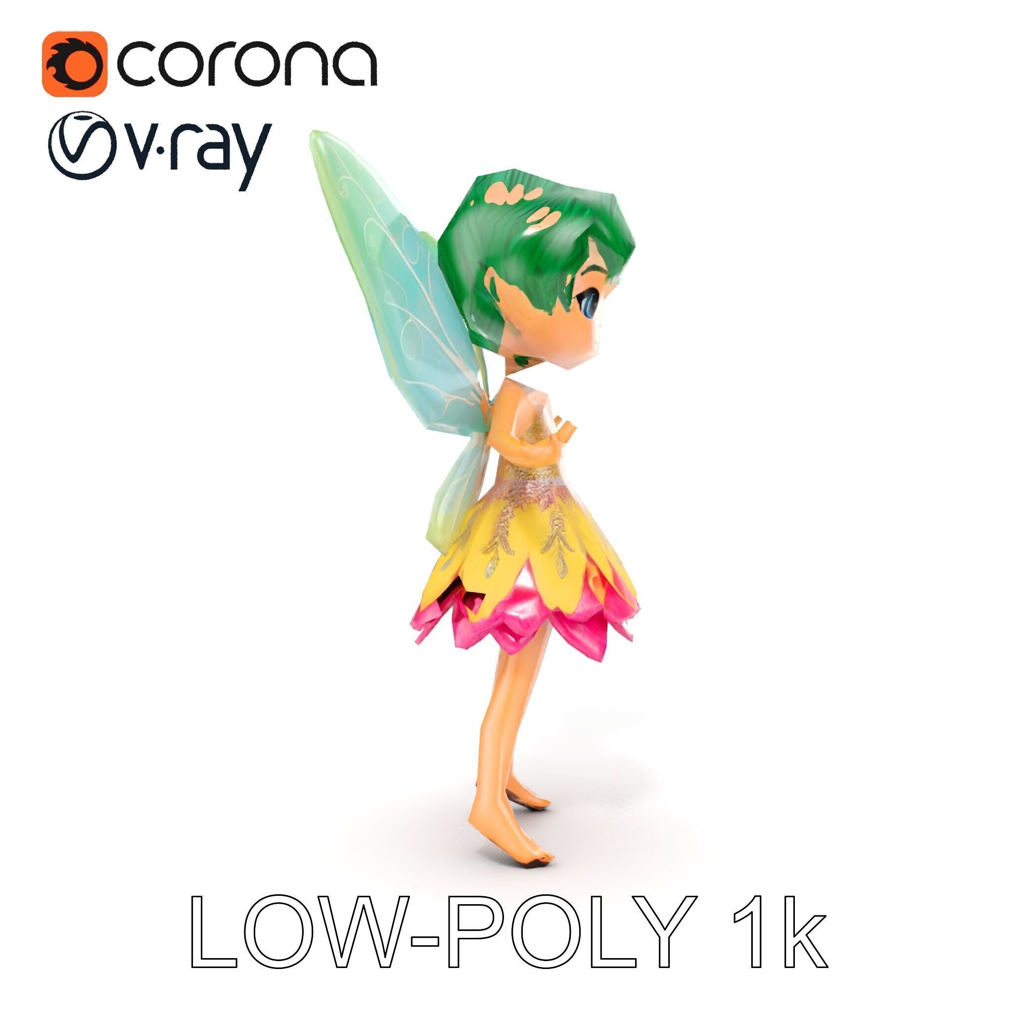 Fairy Character Rigged and Animated with Green Hair and Wings... Low-poly 3D model_19