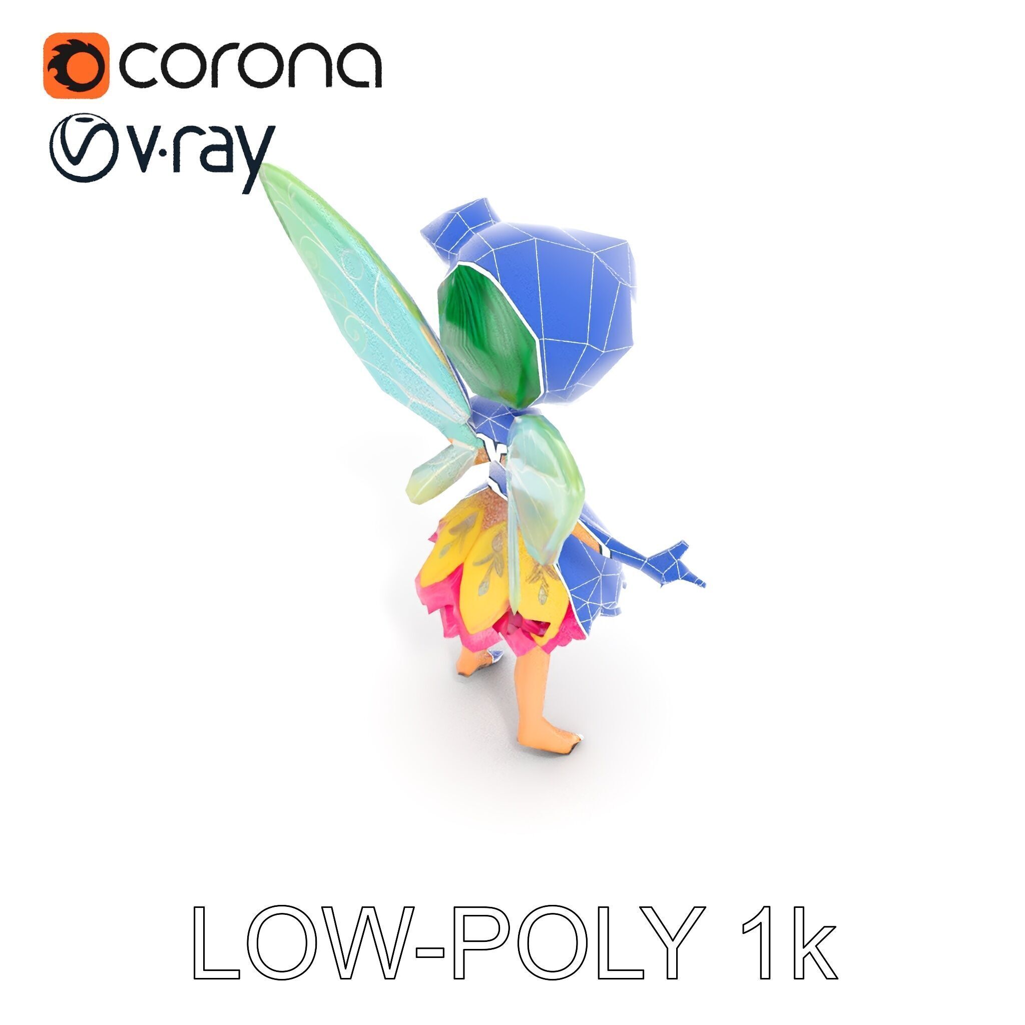 Fairy Character Rigged and Animated with Green Hair and Wings... Low-poly 3D model_28
