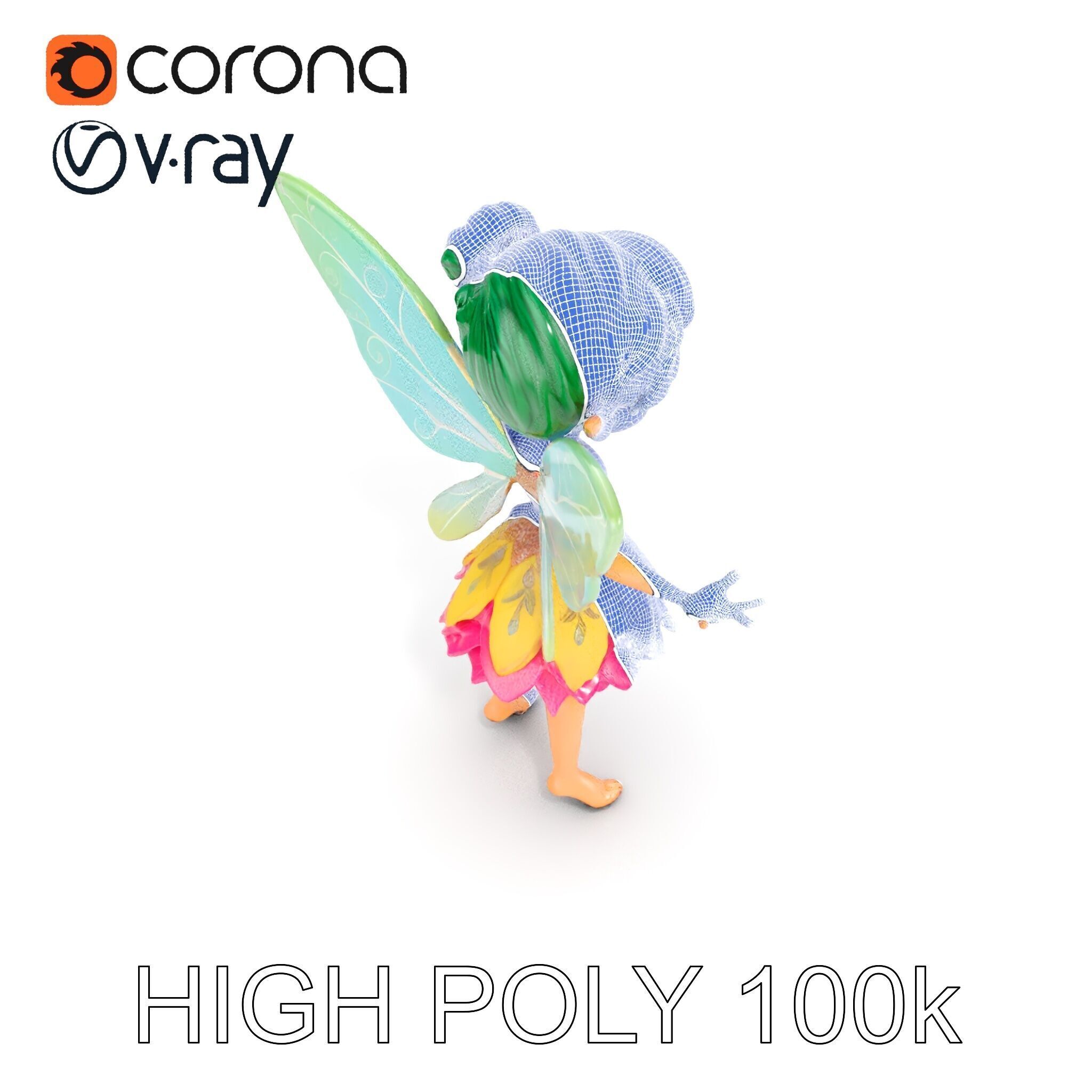 Fairy Character Rigged and Animated with Green Hair and Wings... Low-poly 3D model_20