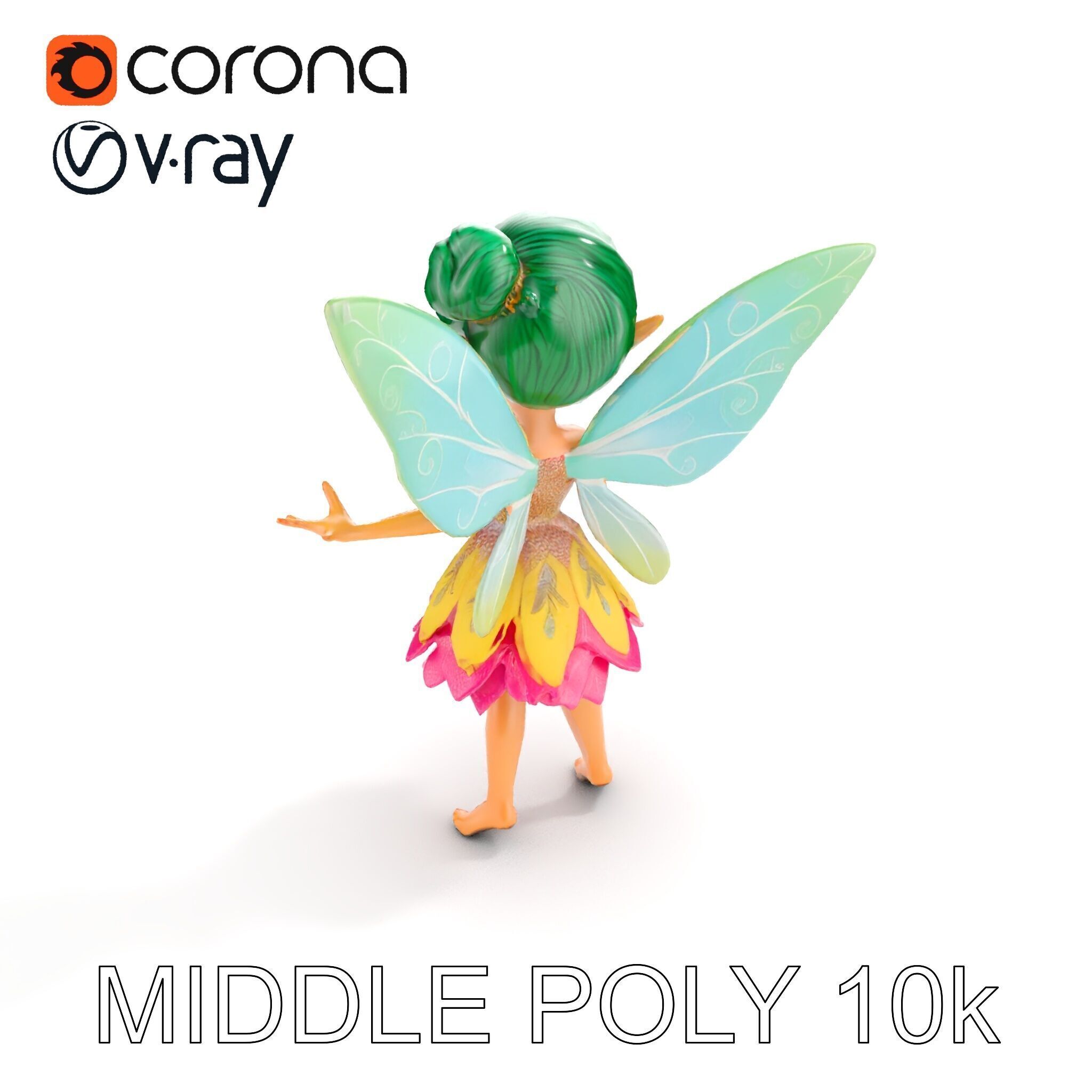 Fairy Character Rigged and Animated with Green Hair and Wings... Low-poly 3D model_14