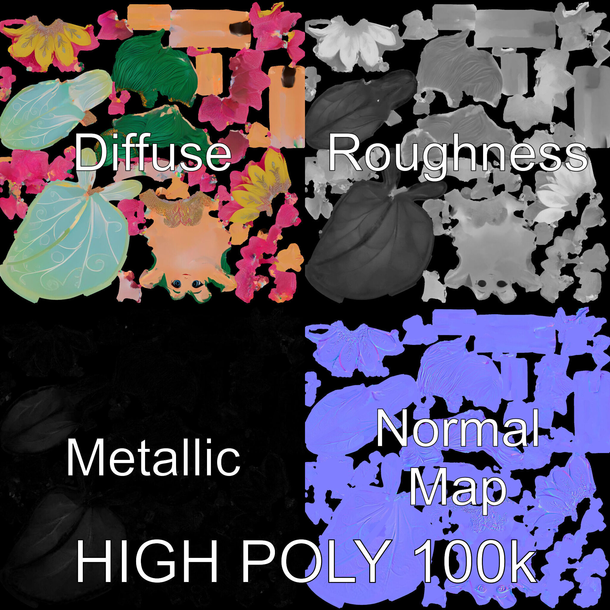 Fairy Character Rigged and Animated with Green Hair and Wings... Low-poly 3D model_3