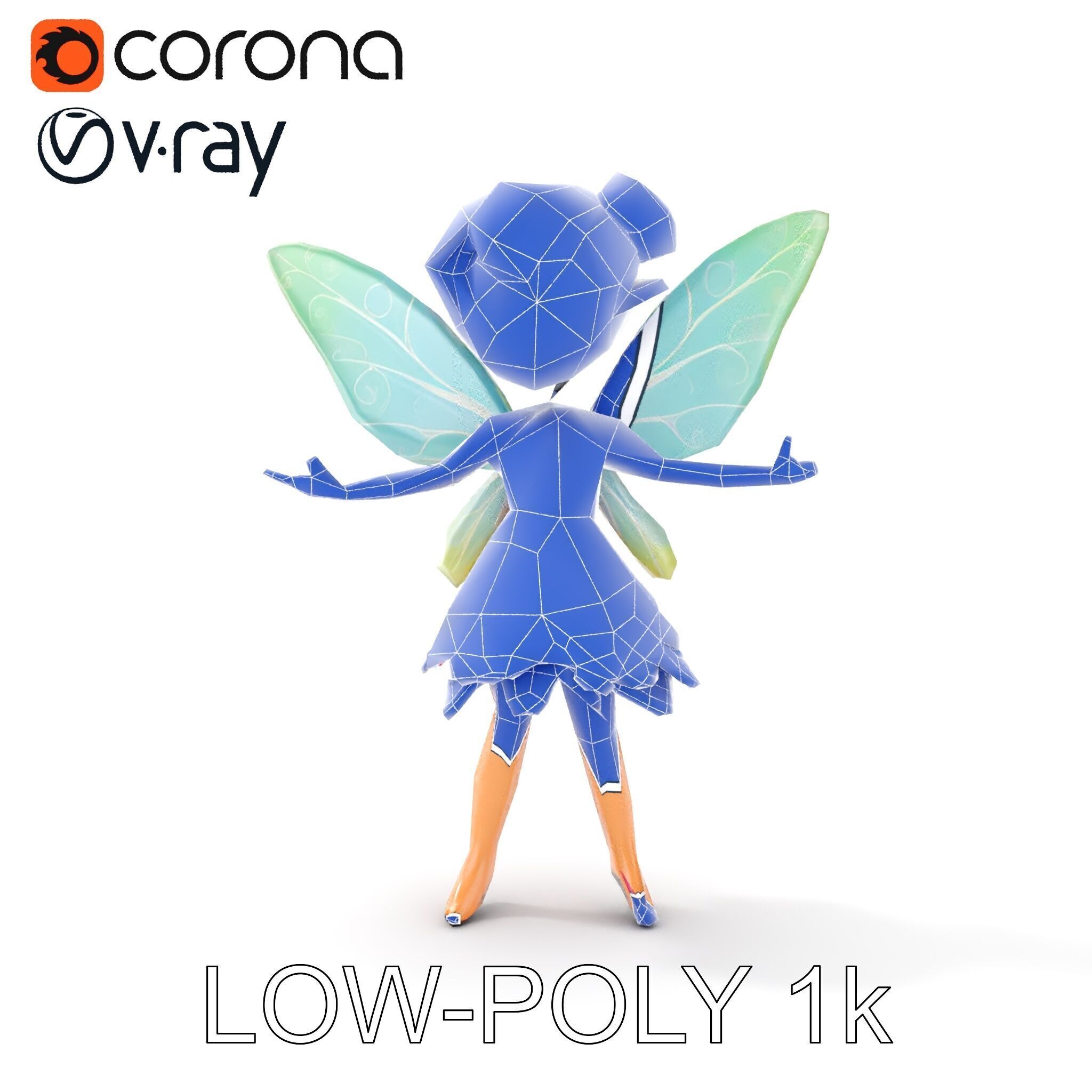Fairy Character Rigged and Animated with Green Hair and Wings... Low-poly 3D model_22