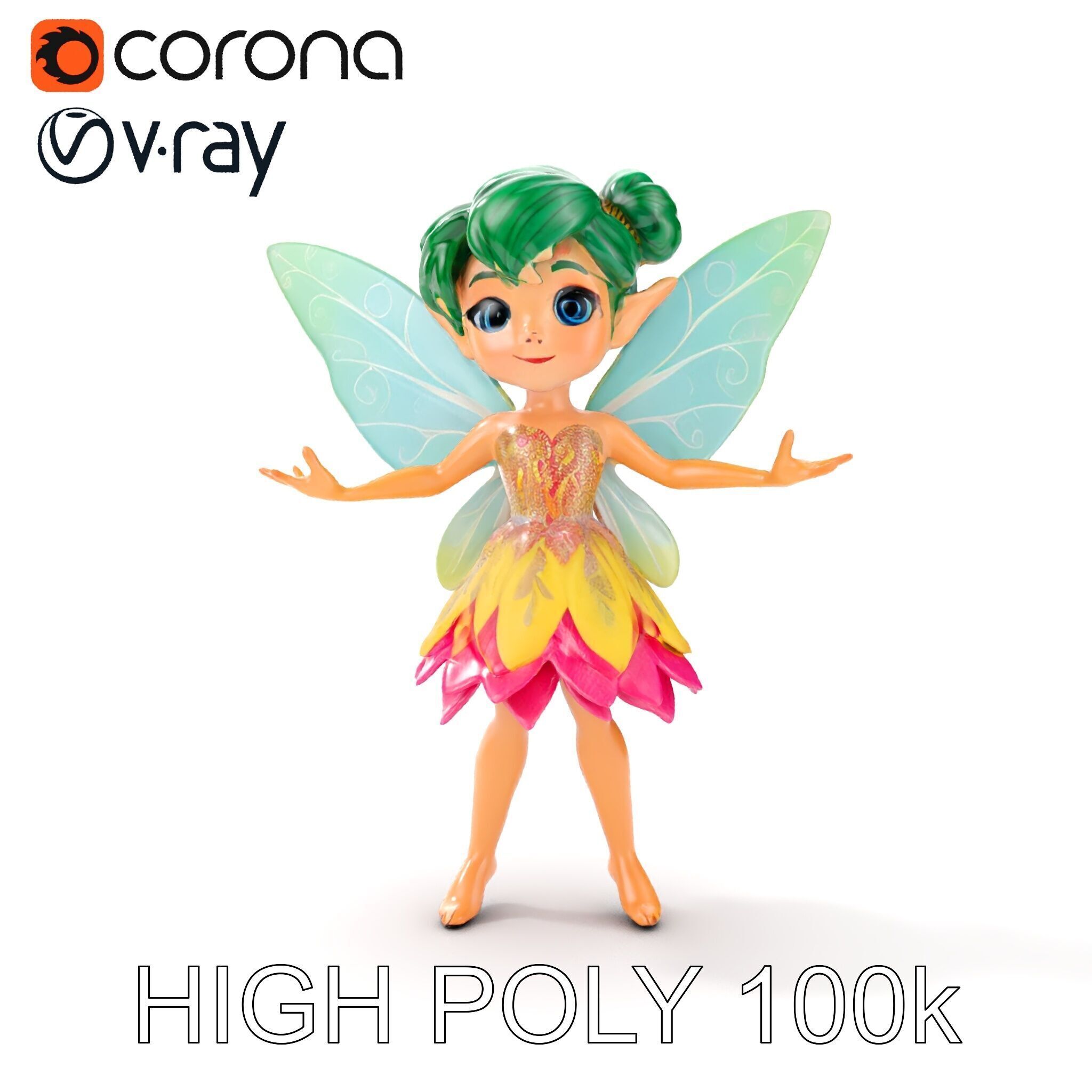 Fairy Character Rigged and Animated with Green Hair and Wings... Low-poly 3D model_26