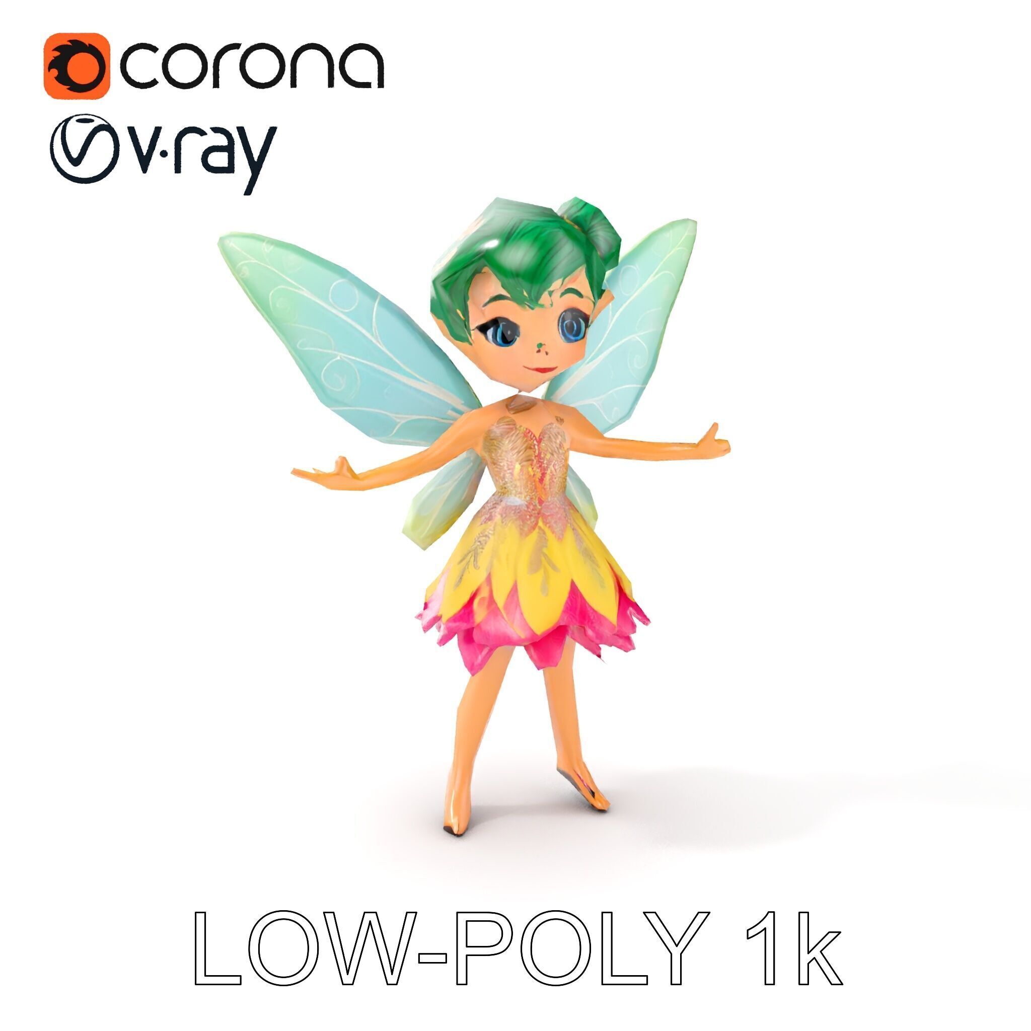 Fairy Character Rigged and Animated with Green Hair and Wings... Low-poly 3D model_7