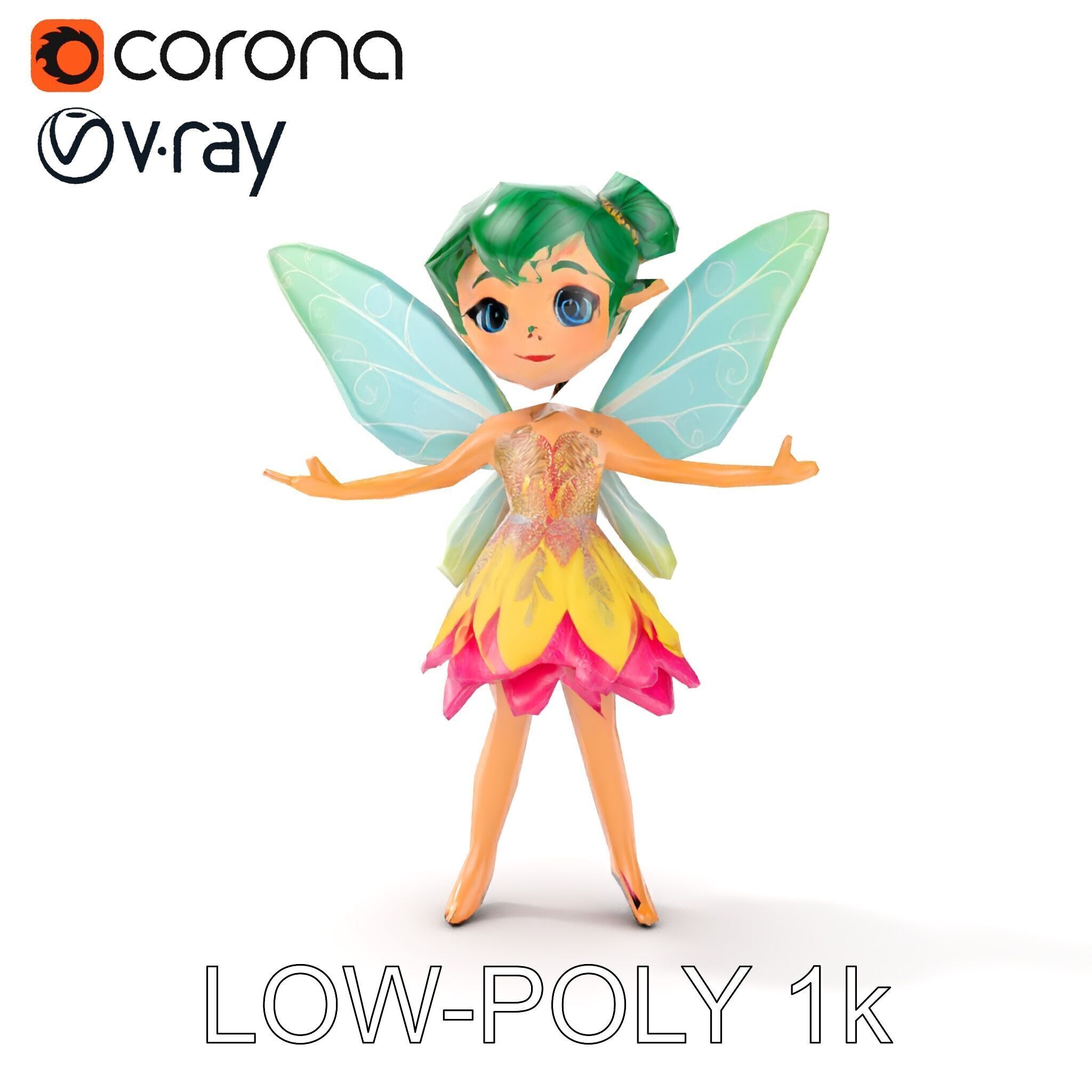 Fairy Character Rigged and Animated with Green Hair and Wings... Low-poly 3D model_9