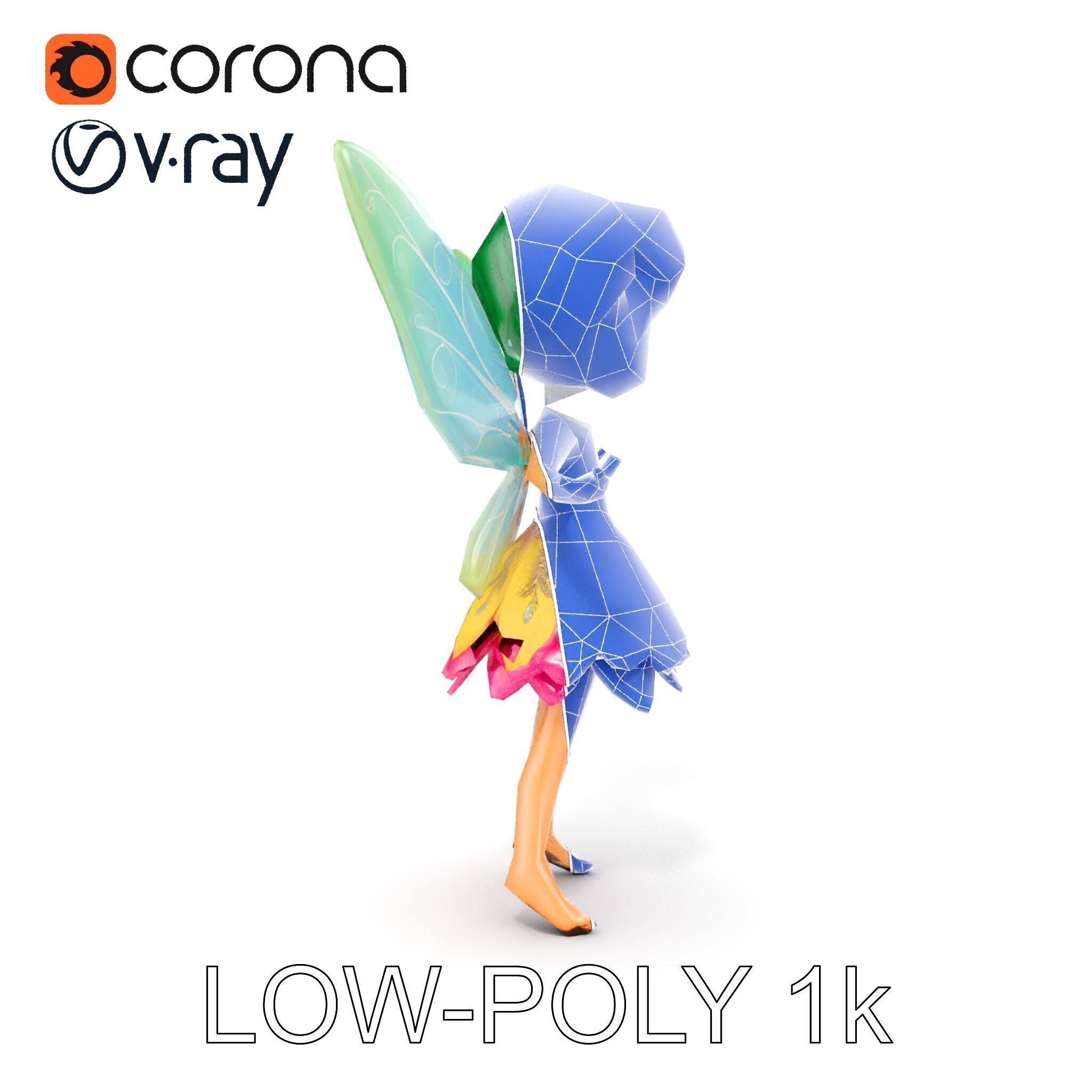 Fairy Character Rigged and Animated with Green Hair and Wings... Low-poly 3D model_25