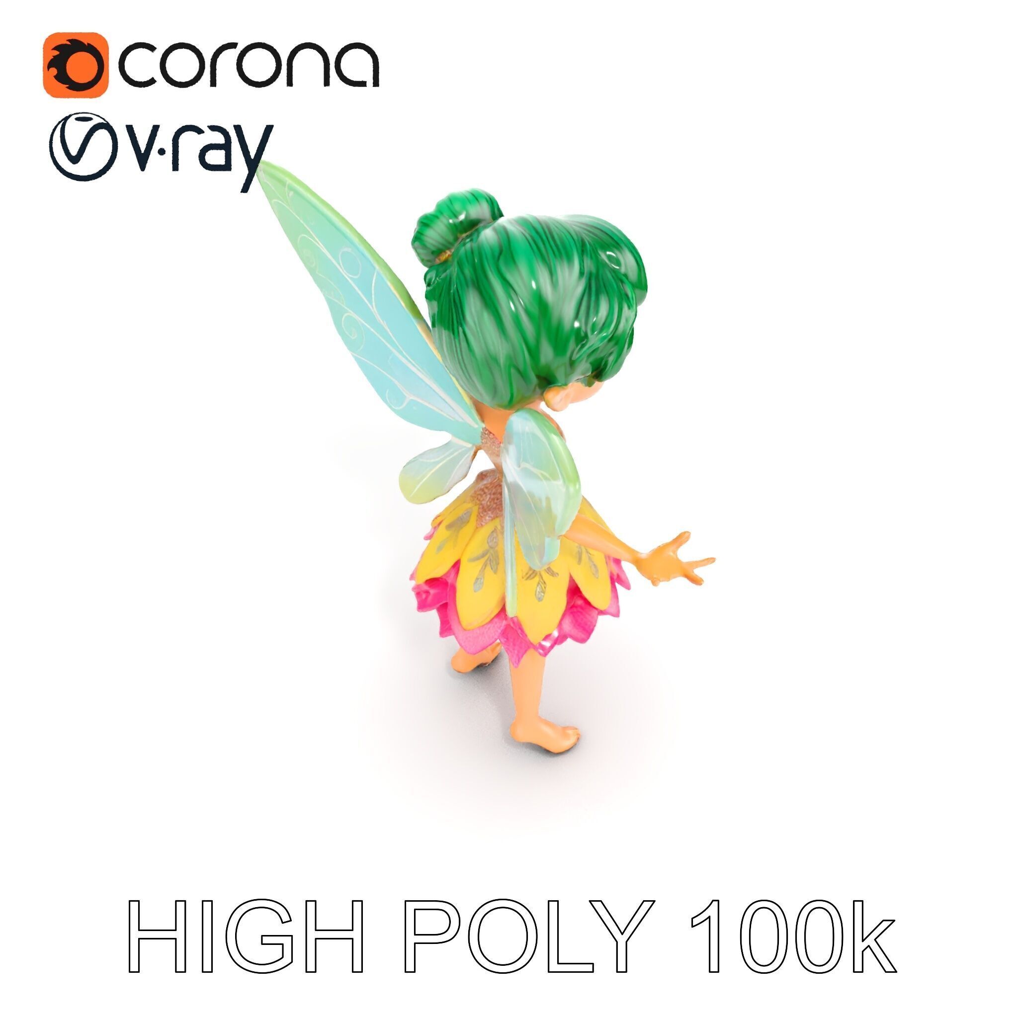 Fairy Character Rigged and Animated with Green Hair and Wings... Low-poly 3D model_13