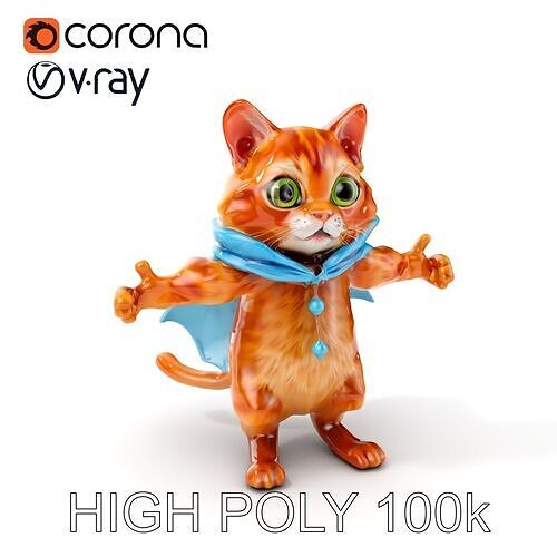 Charming Orange Cat with Blue Cape Rigged and Animated Low-poly 3D model