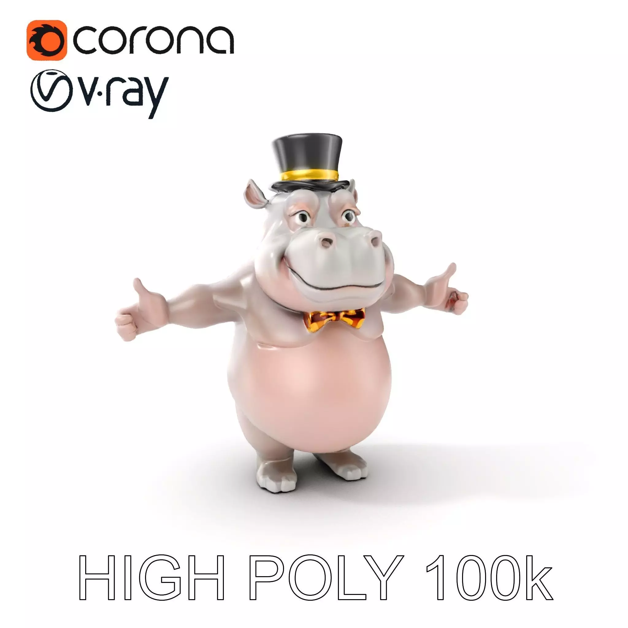 Dapper Hippo Character Model Rigged and Animated Low-poly 3D model