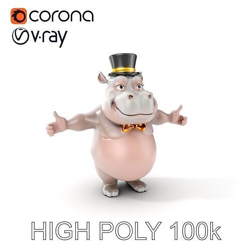 Dapper Hippo Character Model Rigged and Animated Low-poly 3D model
