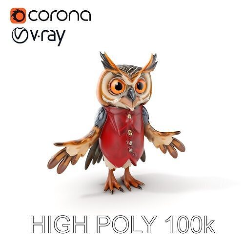 Wise Owl Character Model Rigged and Animated with Textured De... Low-poly 3D model