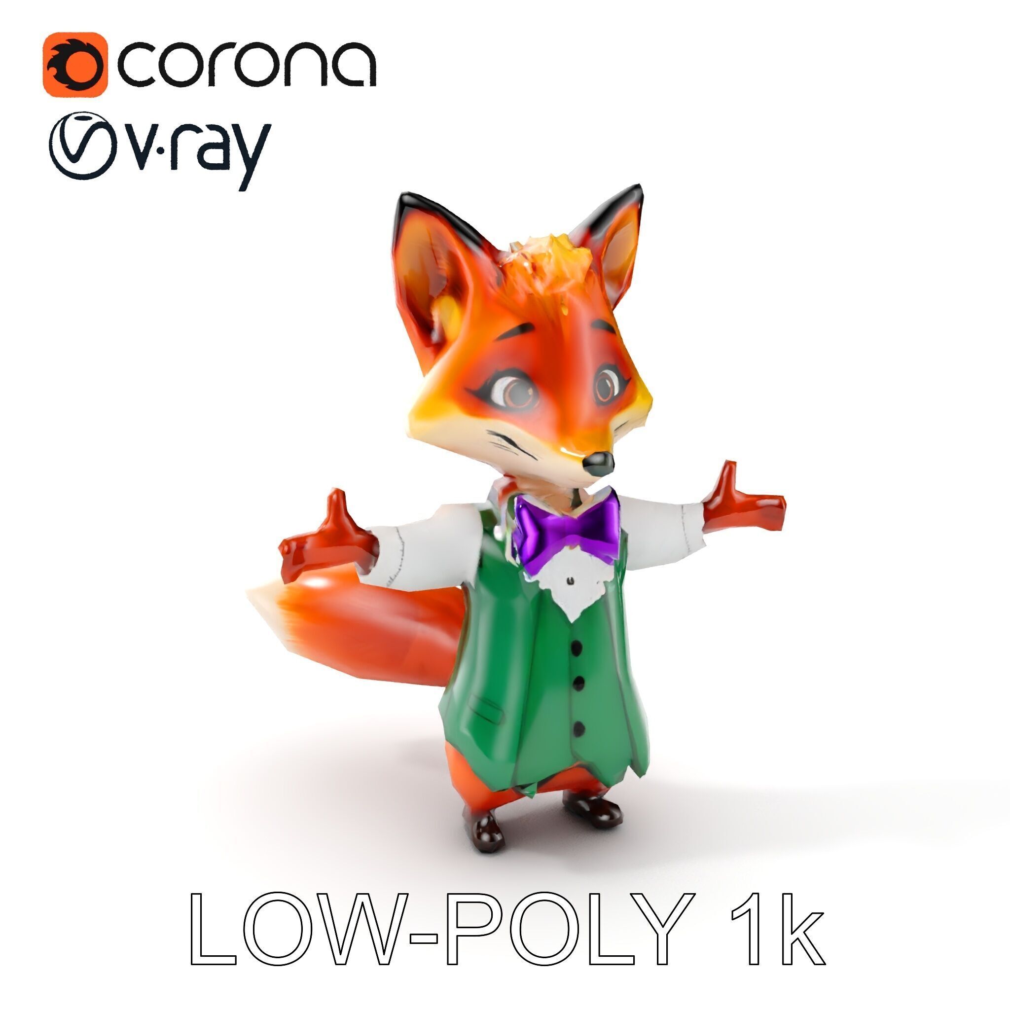 Charming Fox Butler Character Model Rigged and Animated Low-poly 3D model_7