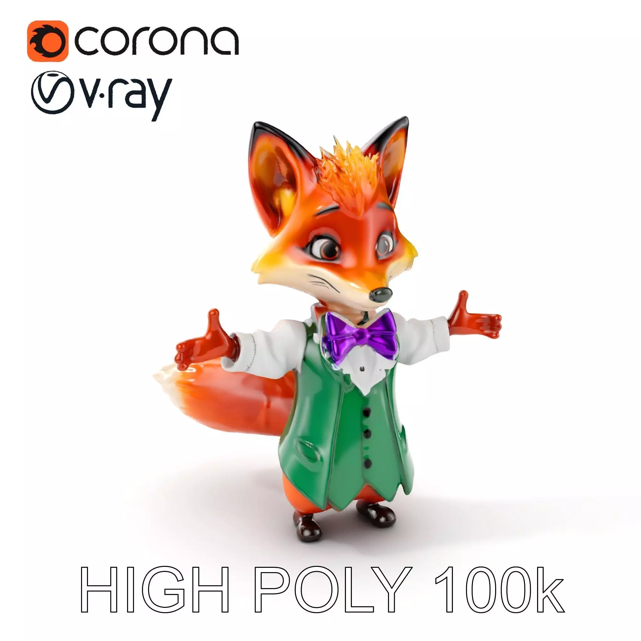 Charming Fox Butler Character Model Rigged and Animated Low-poly 3D model_0