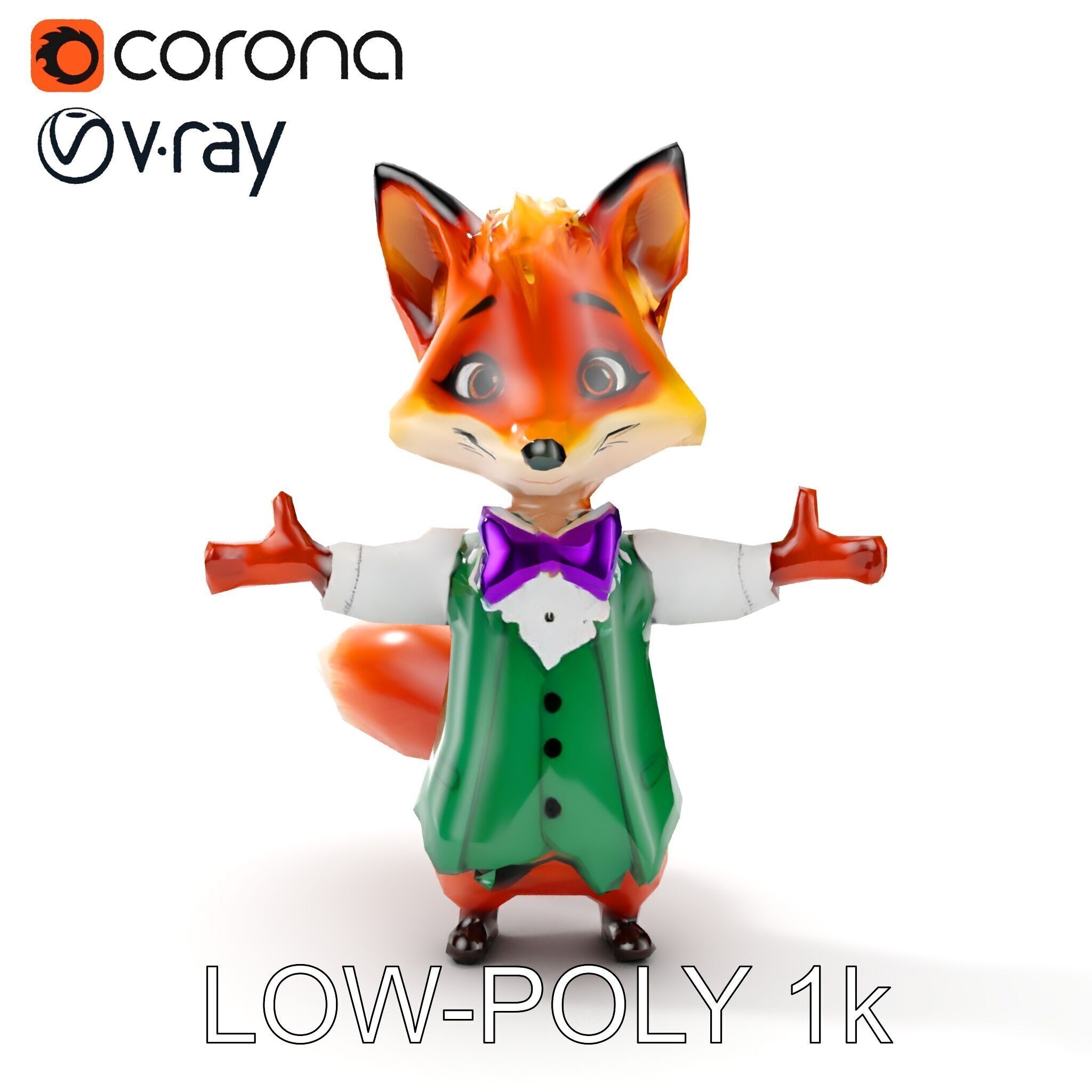 Charming Fox Butler Character Model Rigged and Animated Low-poly 3D model_9