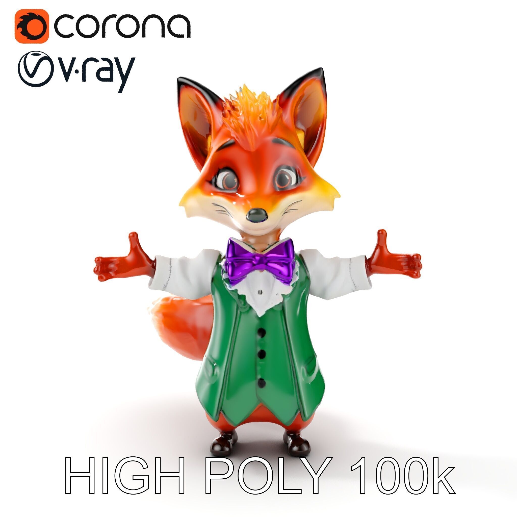 Charming Fox Butler Character Model Rigged and Animated Low-poly 3D model_15