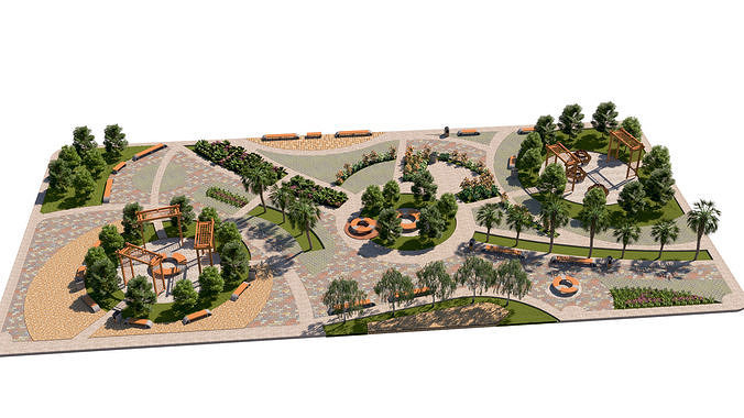 Detailed Public Square Landscape 3D Model Low-poly 3D model