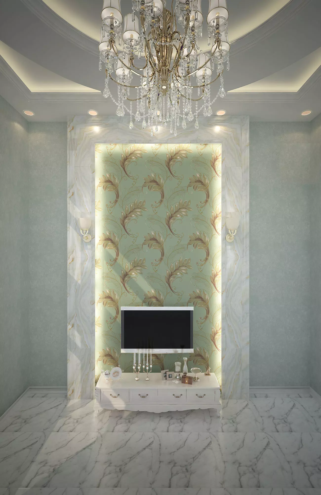 livingroom model living room with marble walls and chandelier 3D model_0