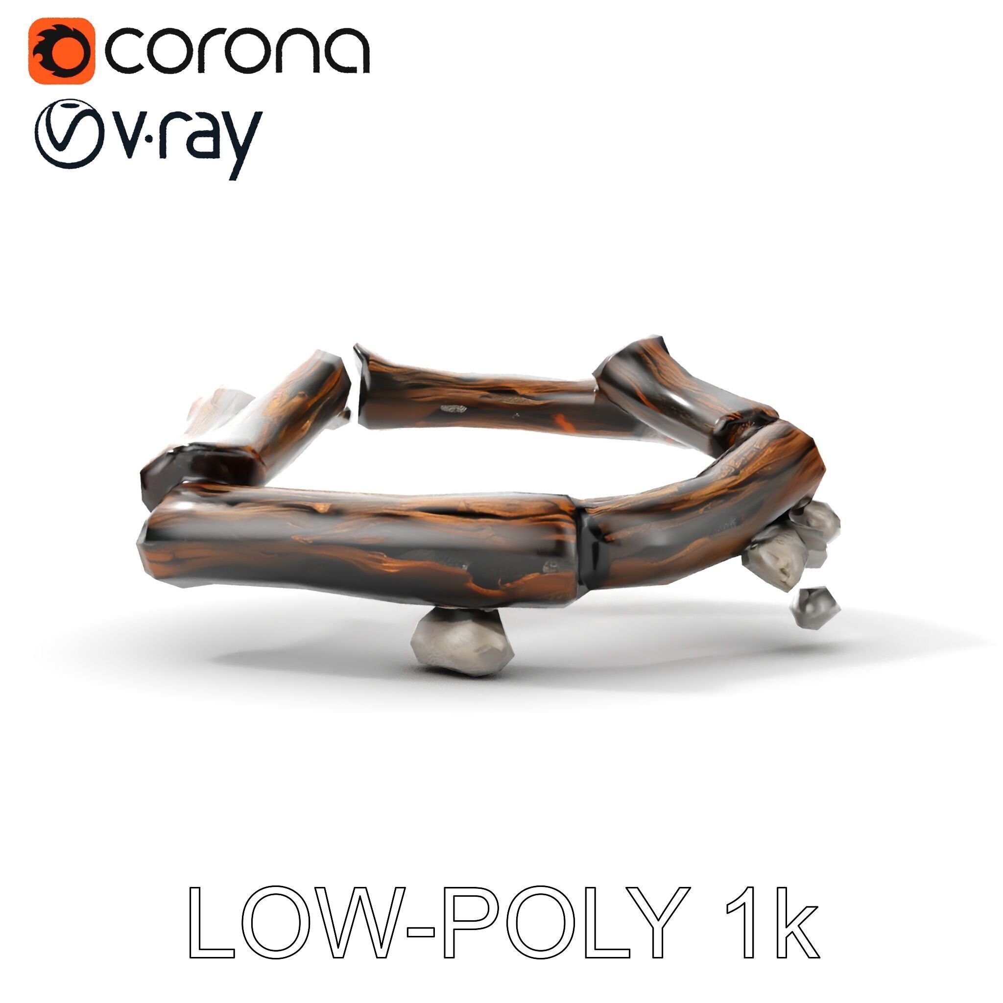 Realistic Campfire Model Pack with Detailed Logs and Stones Low-poly 3D model_9