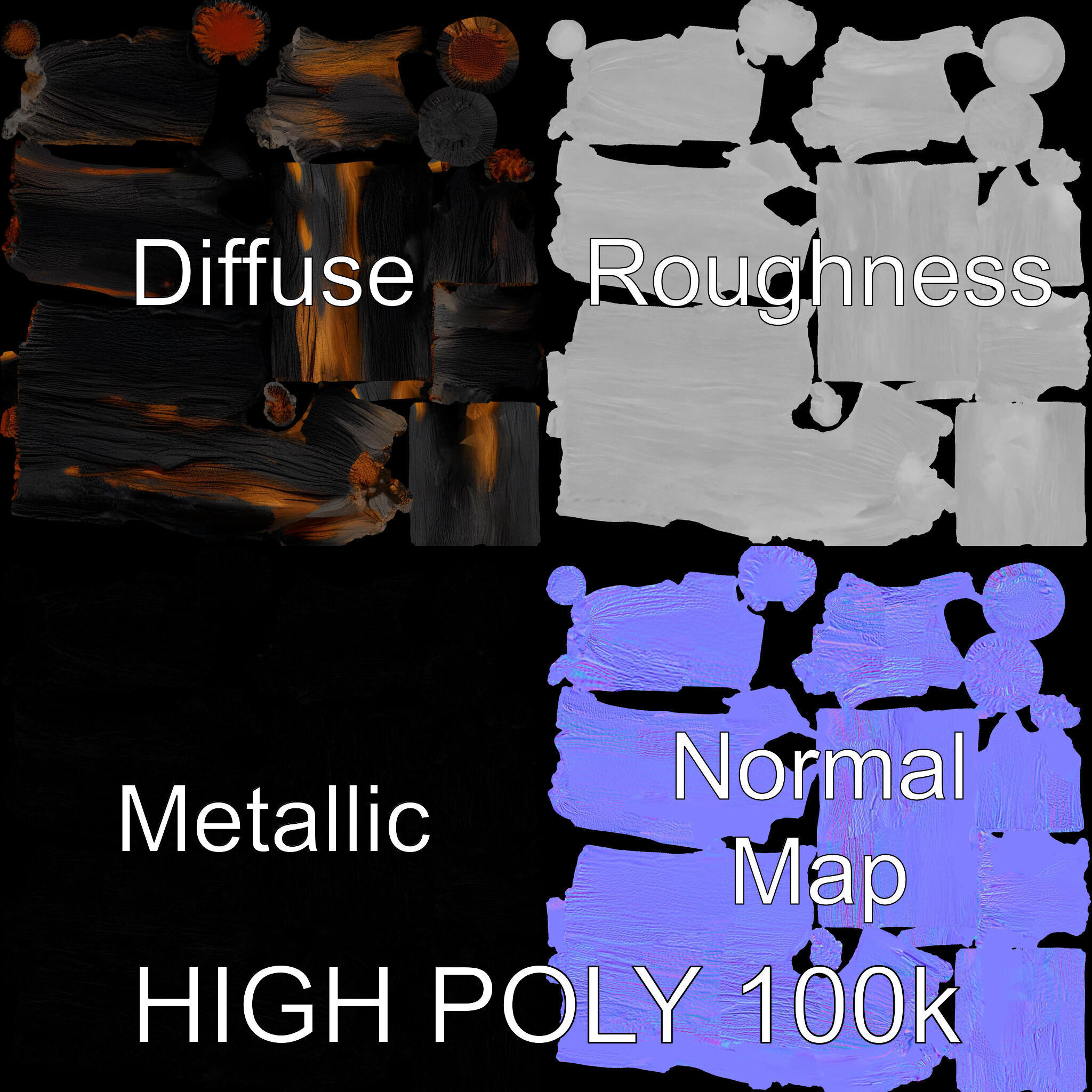 Campfire Setup Model Pack with Ash and Burnt Wood Low-poly 3D model_3